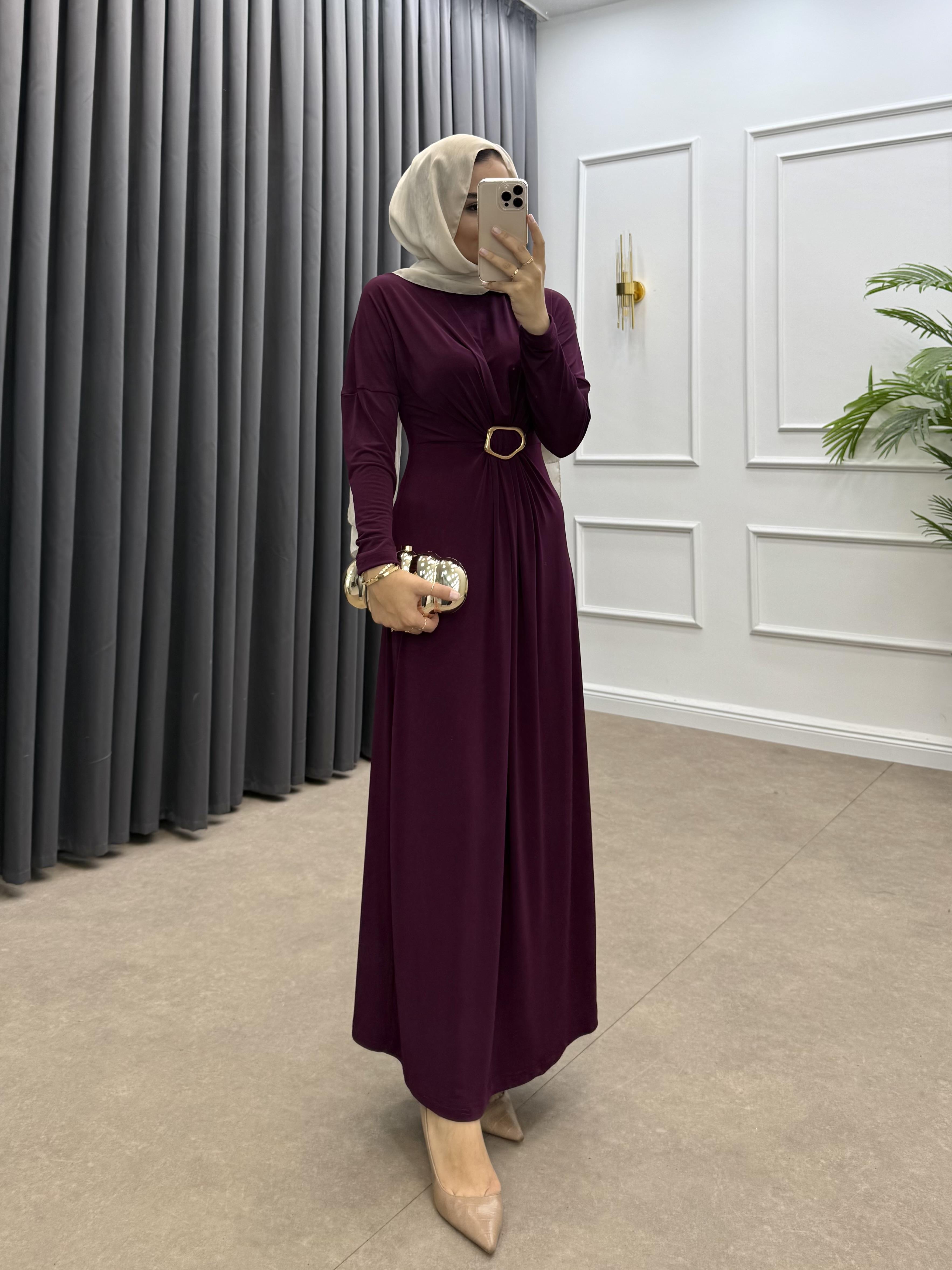 ÖN TOKA DETAYLI SANDY ELBİSE BORDO