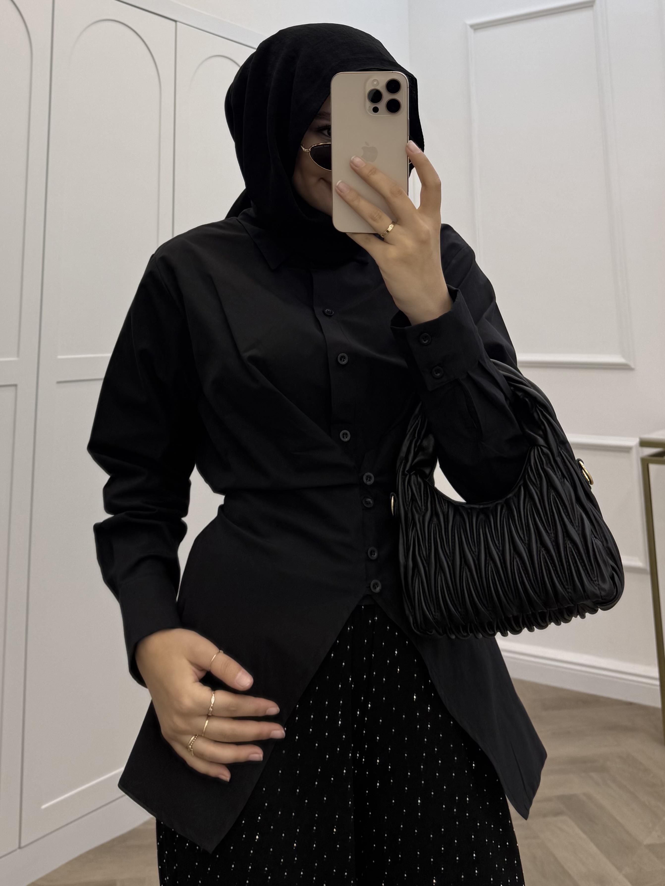 ÖNDEN DÜĞMELİ POPLİN GÖMLEK SİYAH