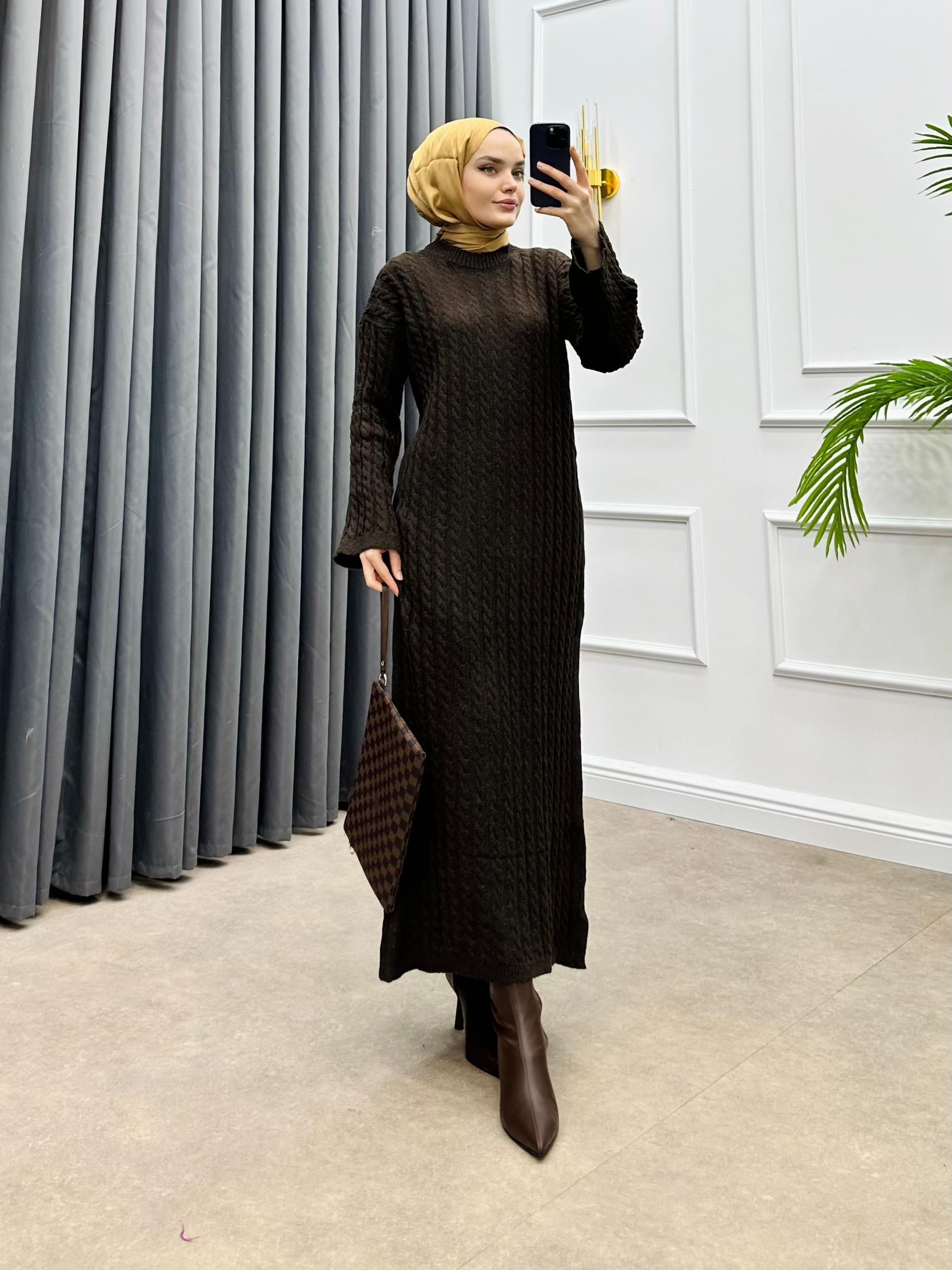 ÖRGÜ DETAY TRİKO ELBİSE ACI KAHVE