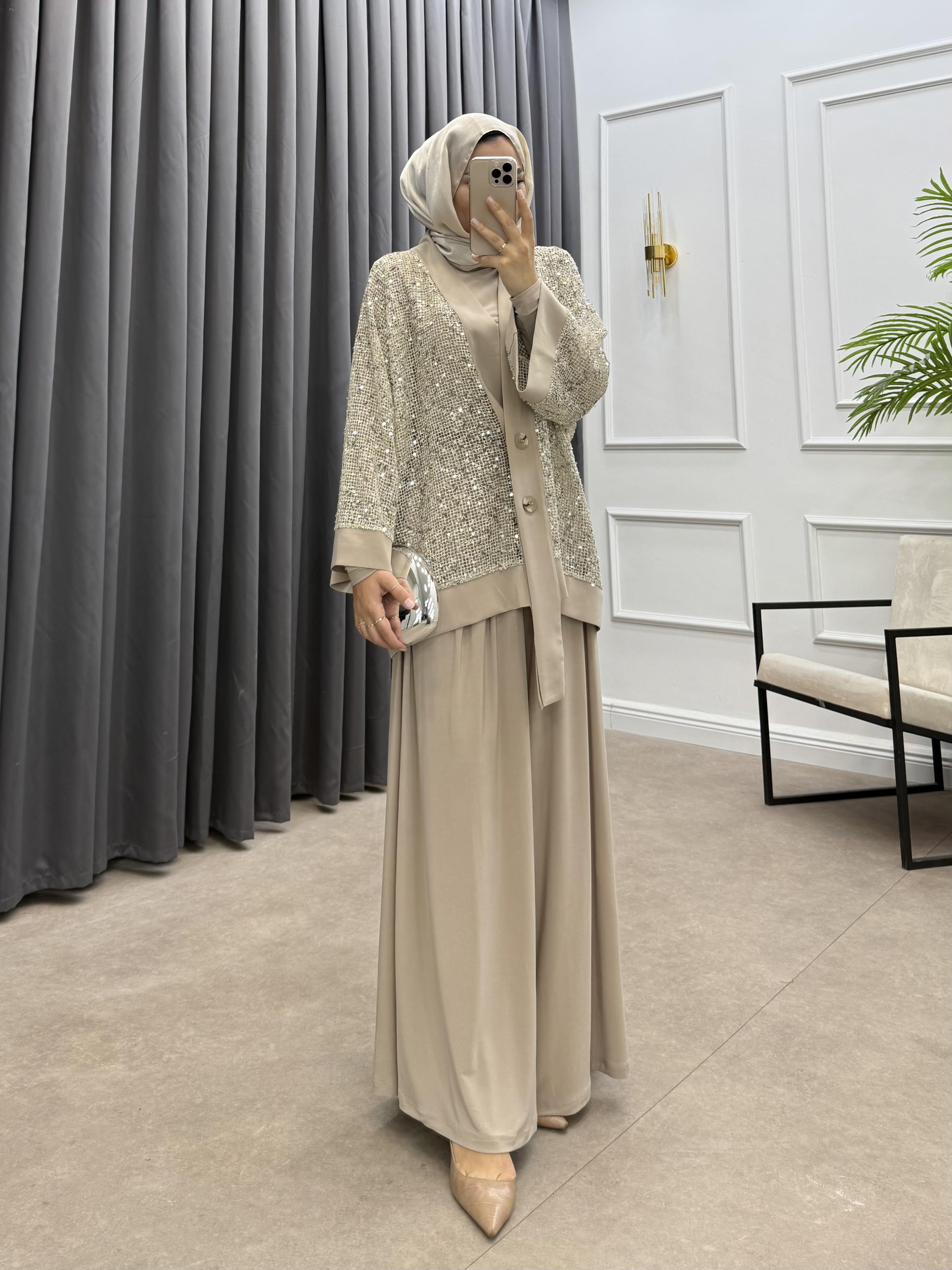 PAYETLİ ÜÇLÜ TAKIM BEJ