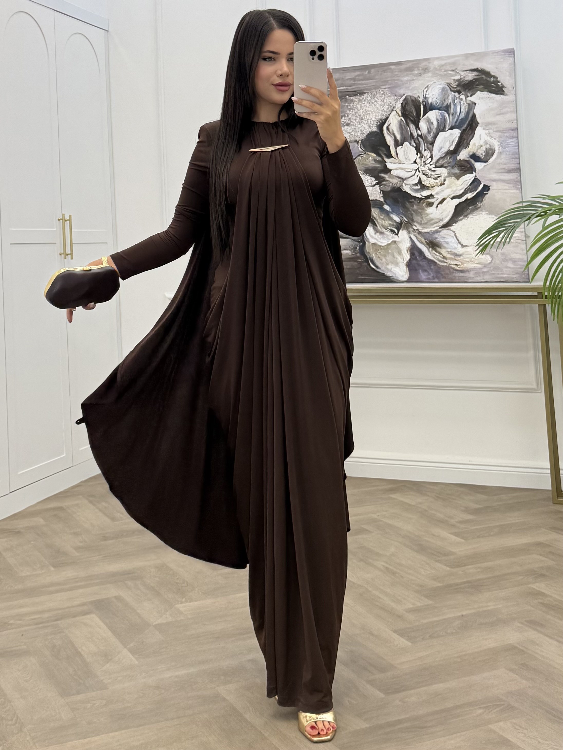 PELERİN DETAY GOLD TOKALI SANDY ELBİSE KAHVE