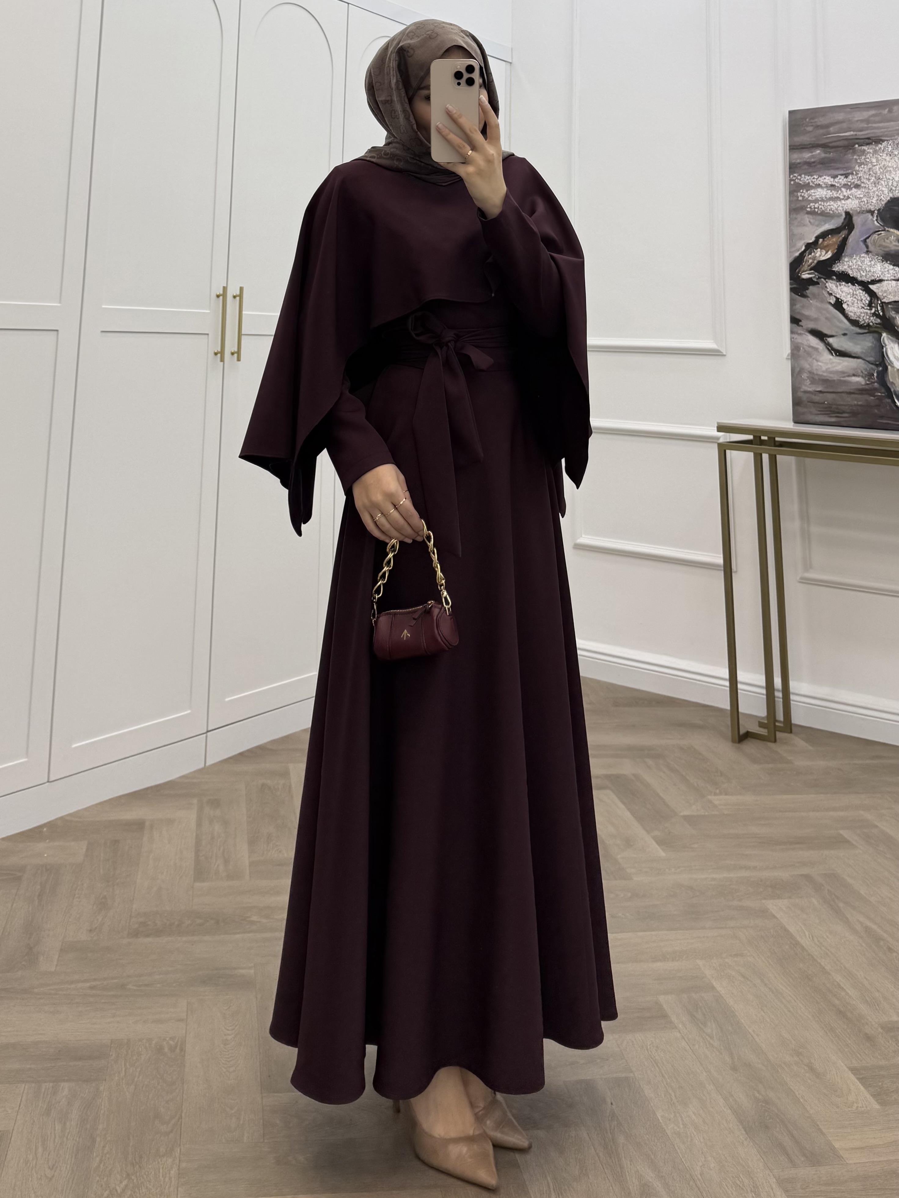 PELERİNLİ ELBİSE  BORDO