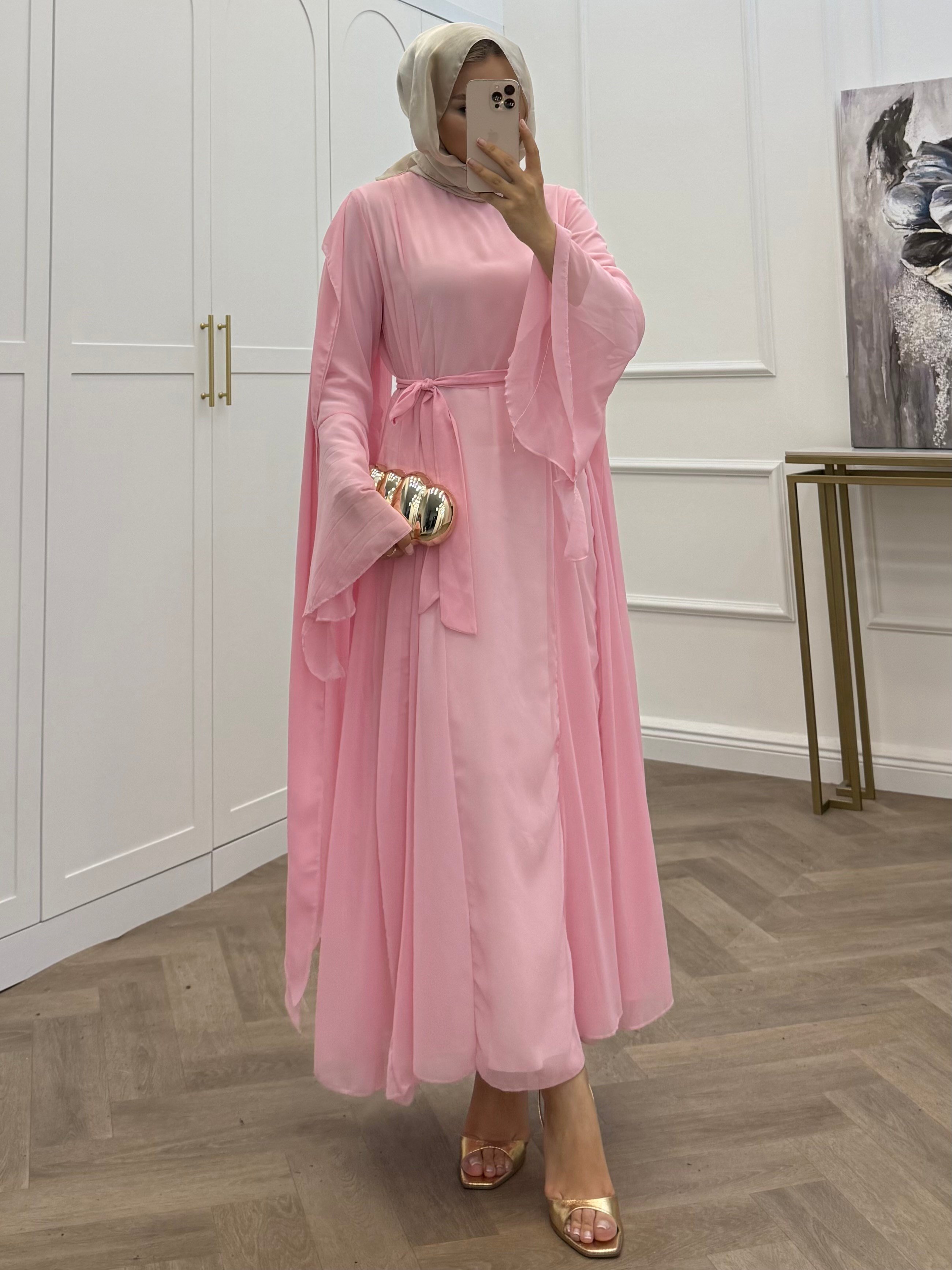 PERA ŞİFON ELBİSE PEMBE