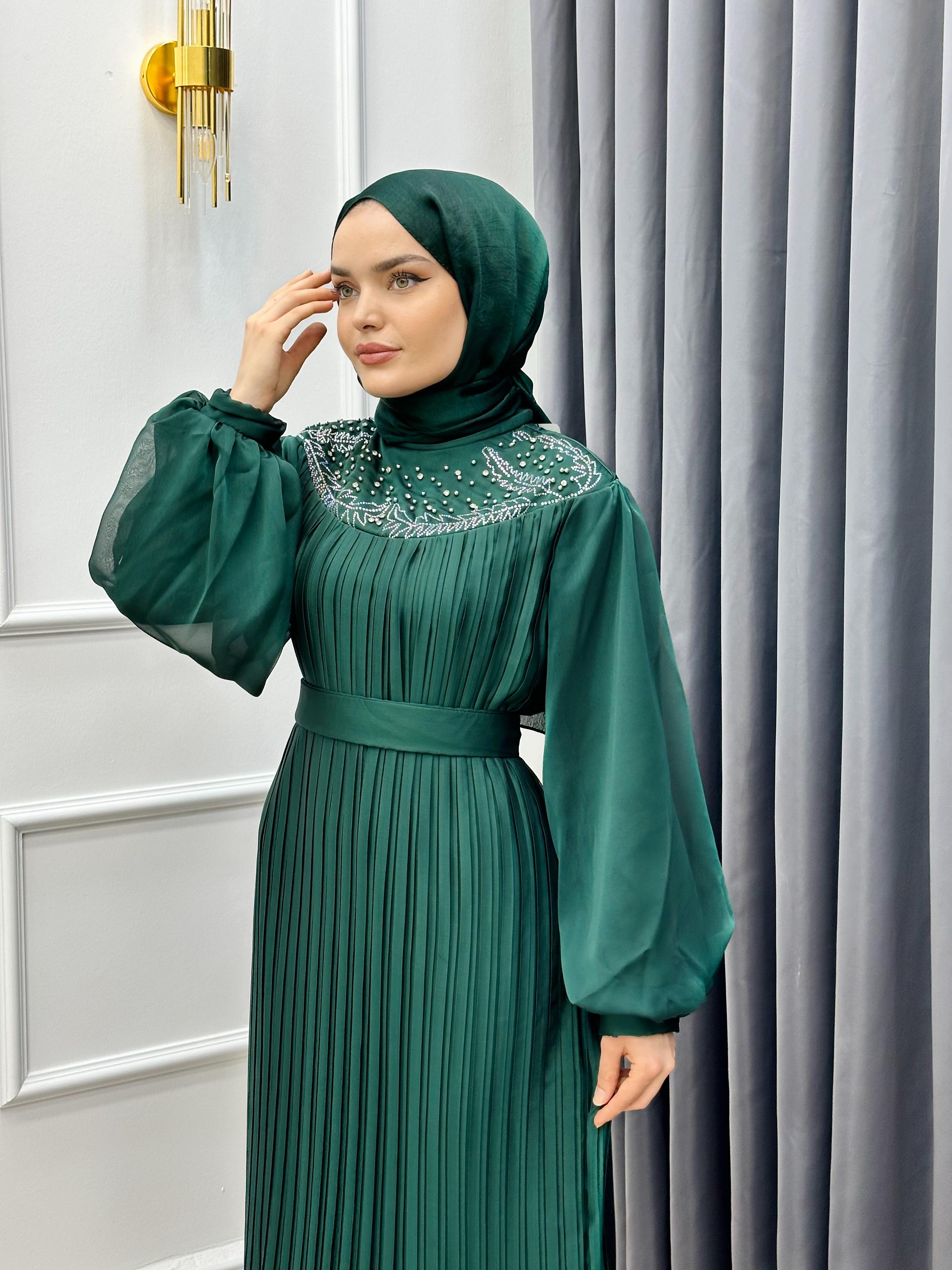 PLİSE JANJAN TAŞLI ABİYE ZÜMRÜT