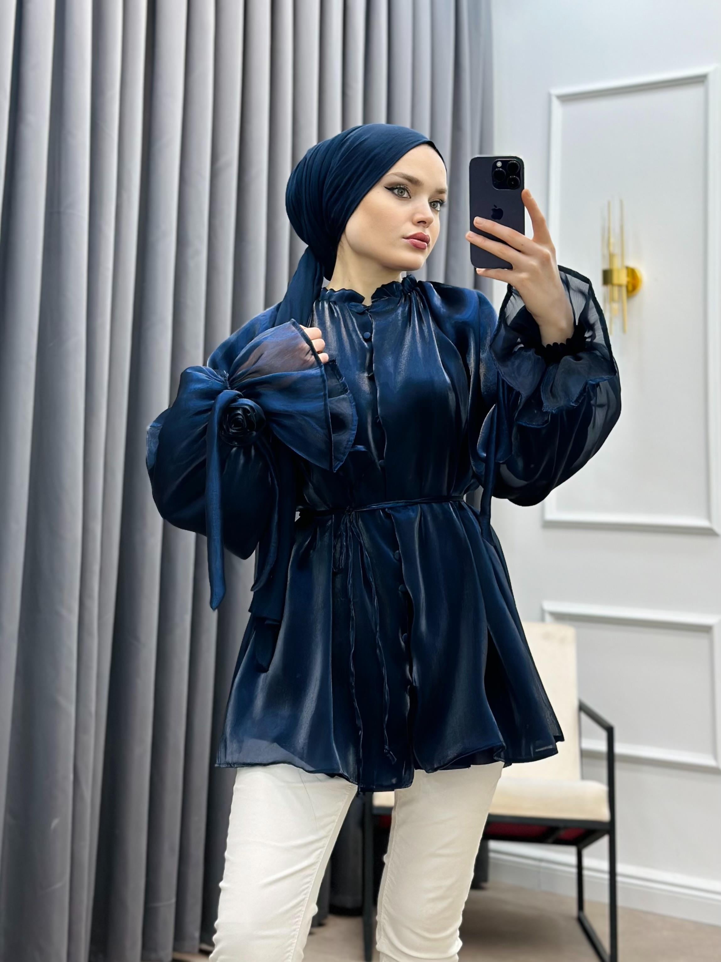 PREMİUM ORGANZE GÖMLEK BLUZ LACİVERT