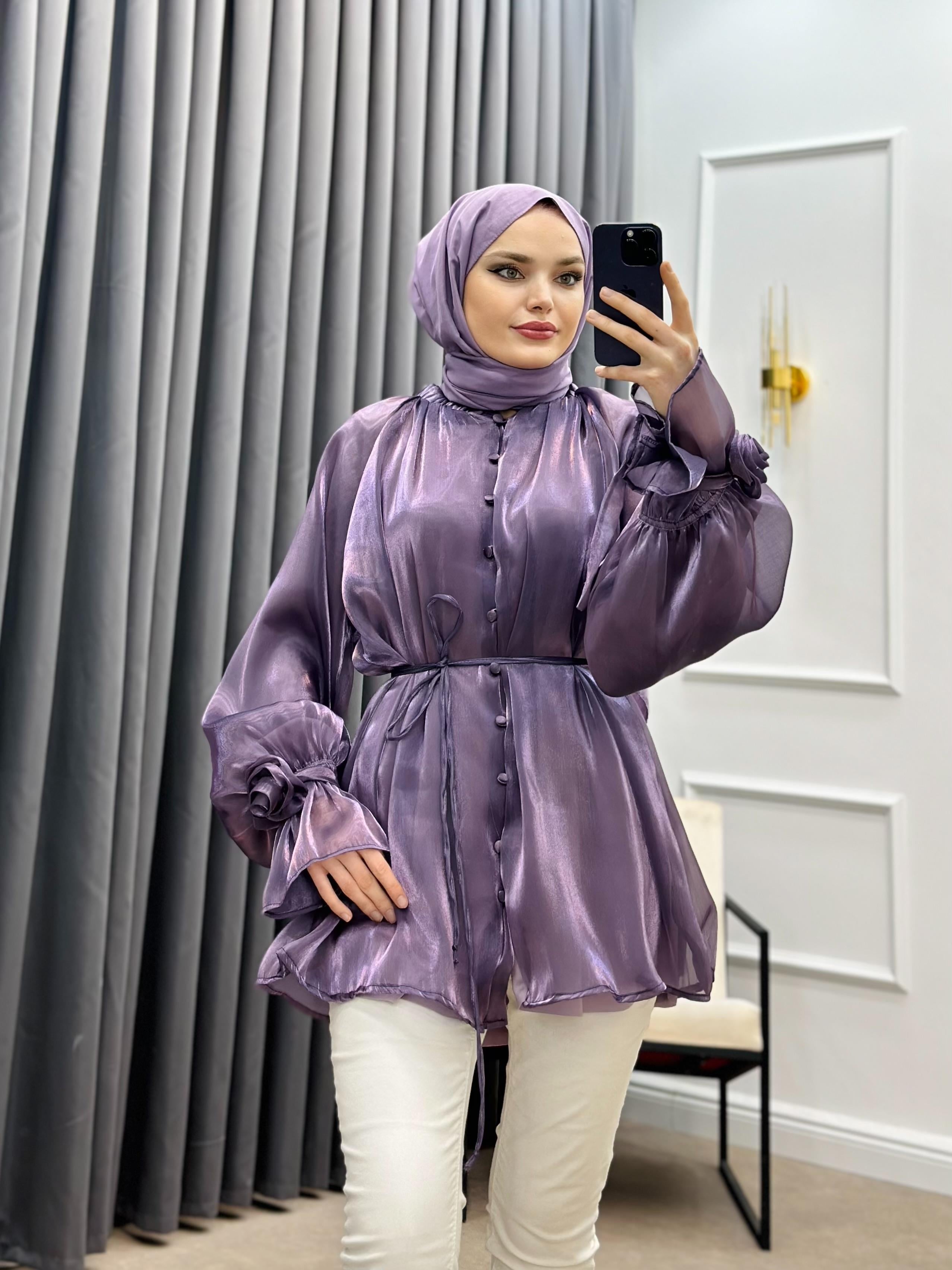 PREMİUM ORGANZE GÖMLEK BLUZ LİLA