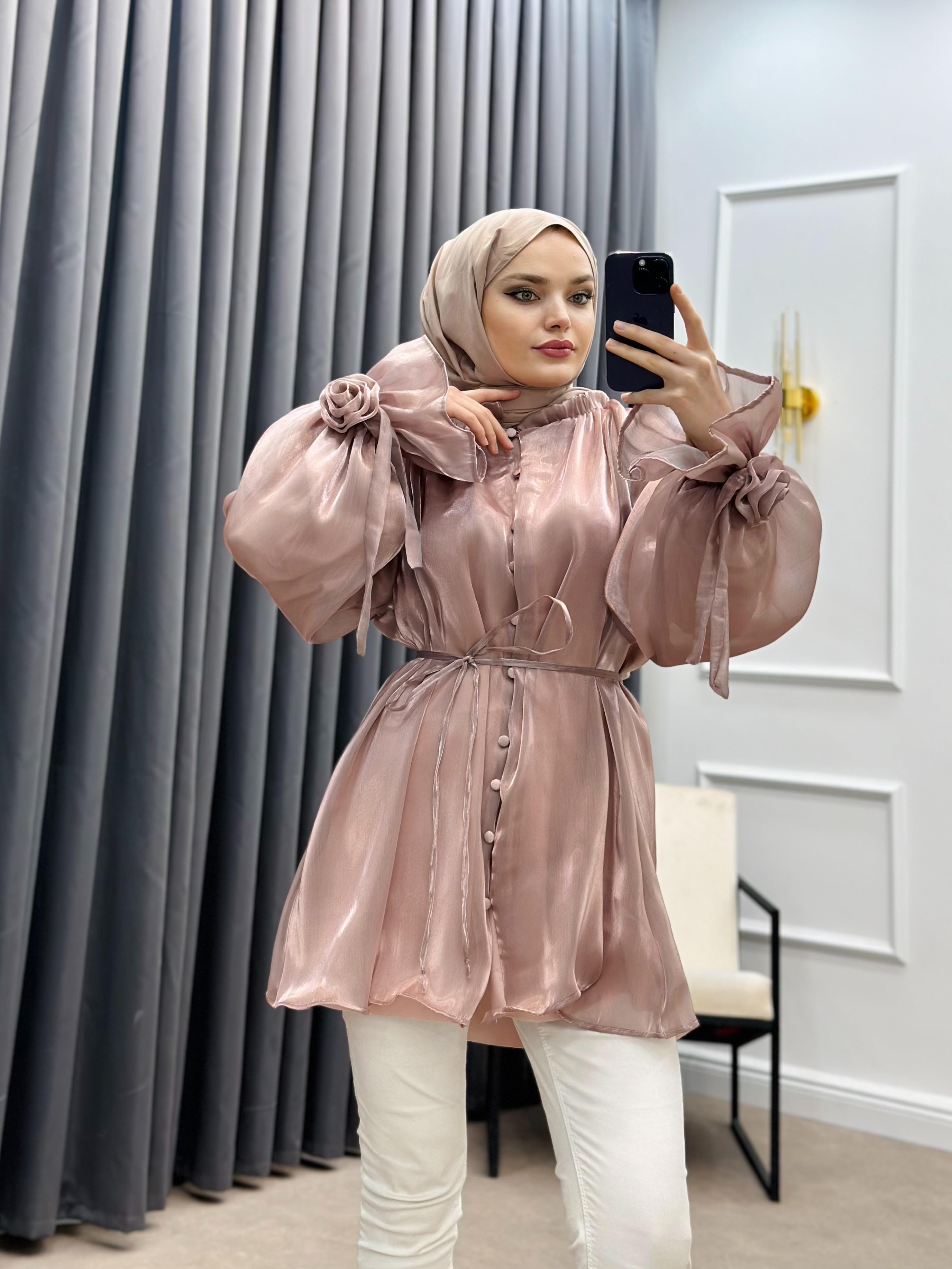 PREMİUM ORGANZE GÖMLEK BLUZ PUDRA