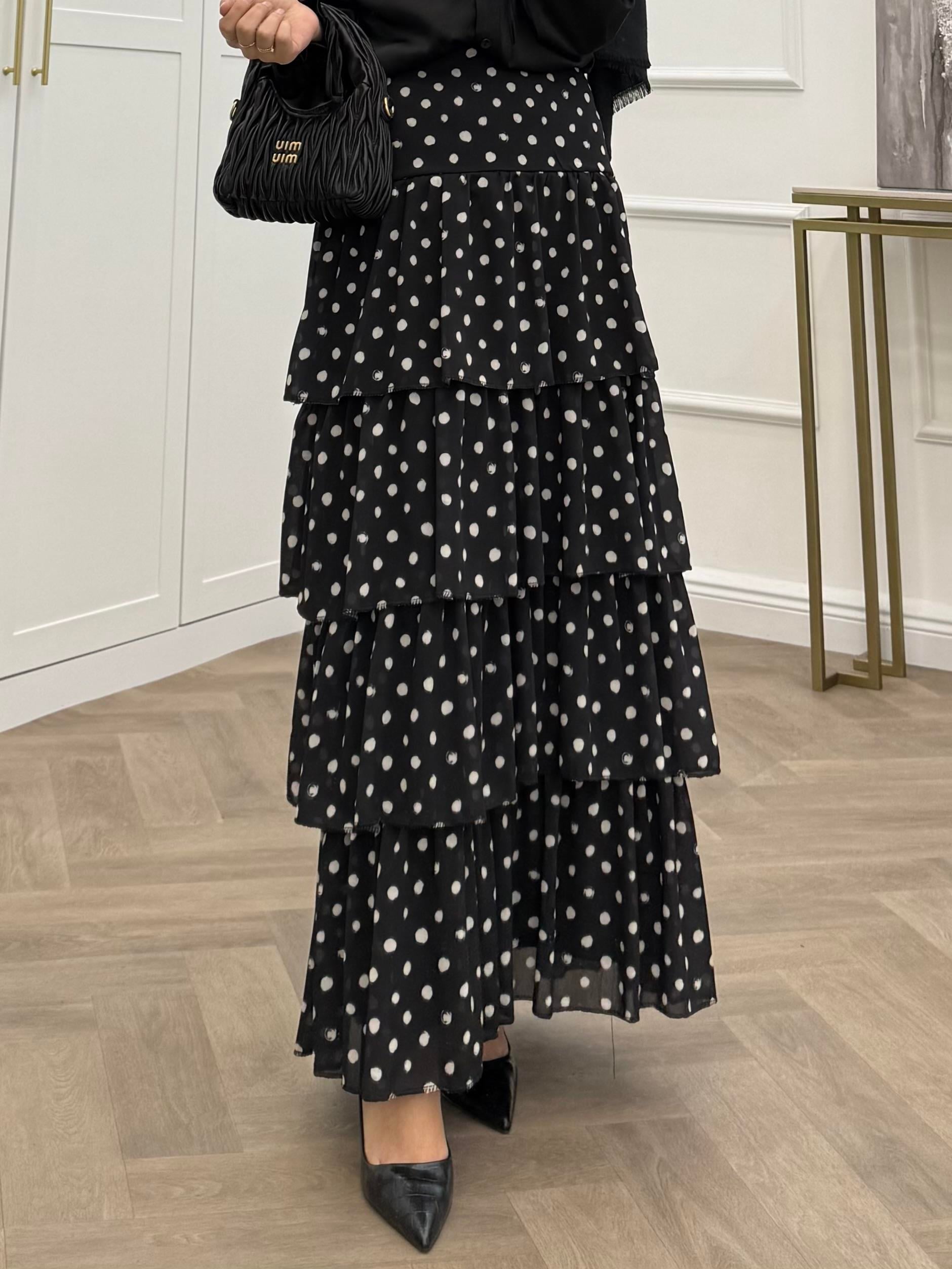 PUANTİYELİ KATLI ŞİFON ETEK SİYAH