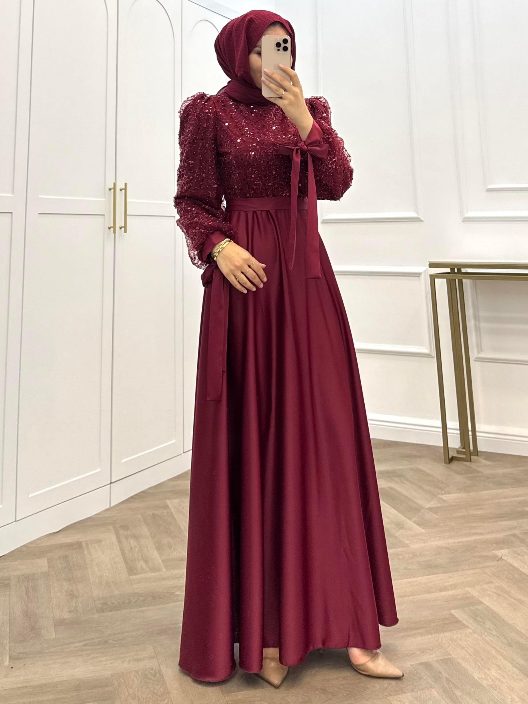 PULLU SATEN ABİYE ELBİSE BORDO
