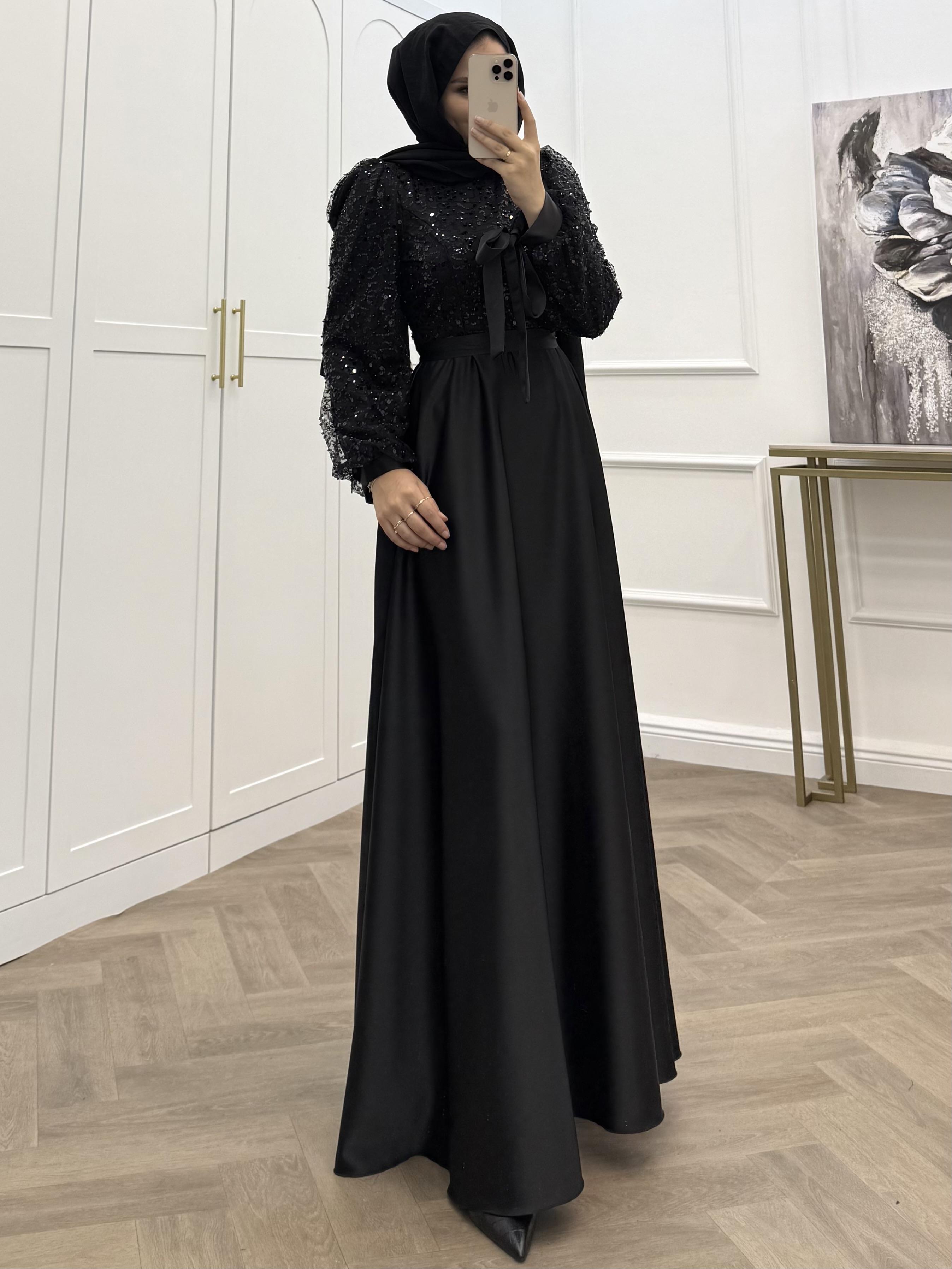 PULLU SATEN ABİYE ELBİSE SİYAH