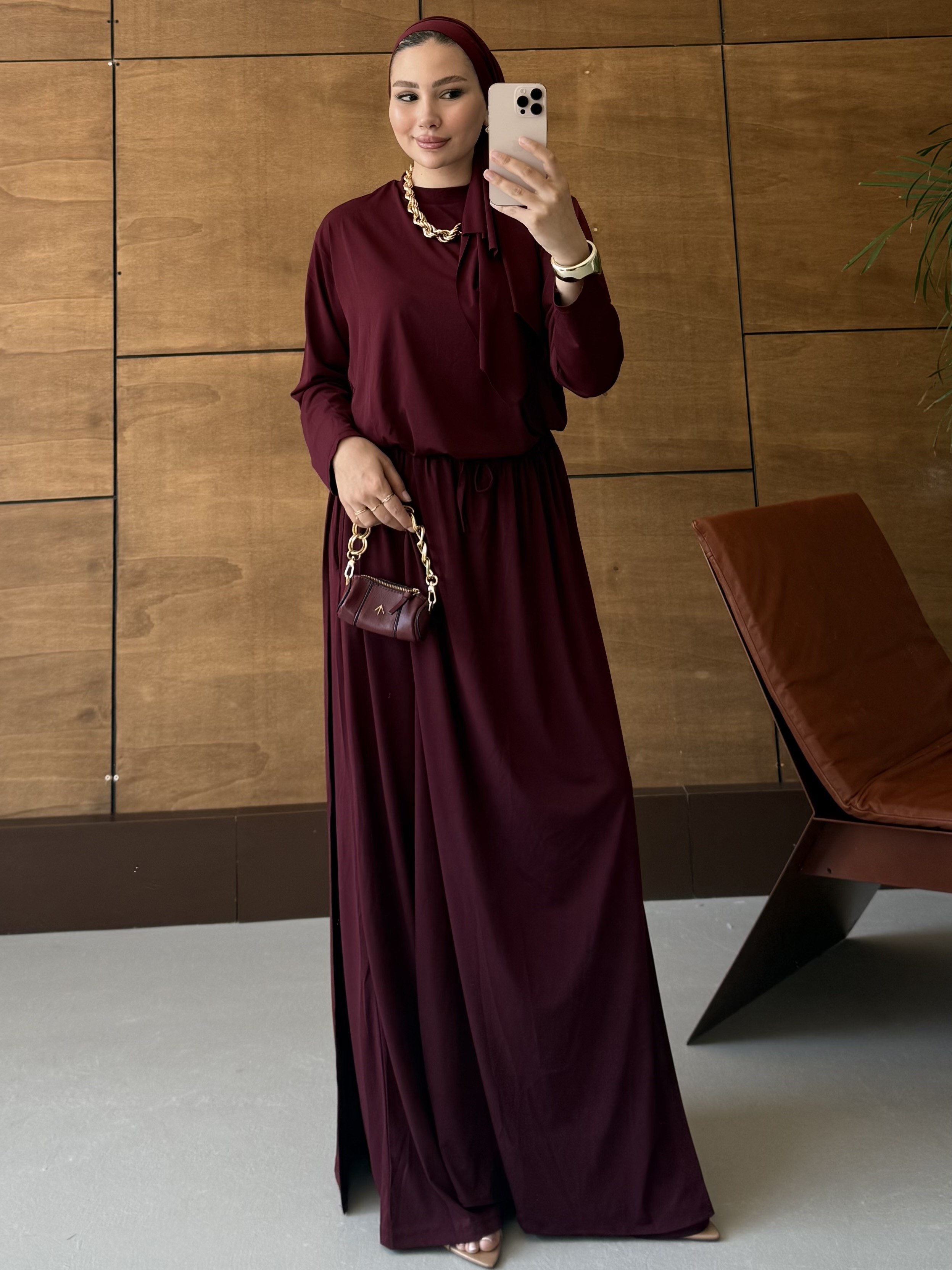 ŞAL DAHİL PANTOLON ETEKLİ TAKIM BORDO
