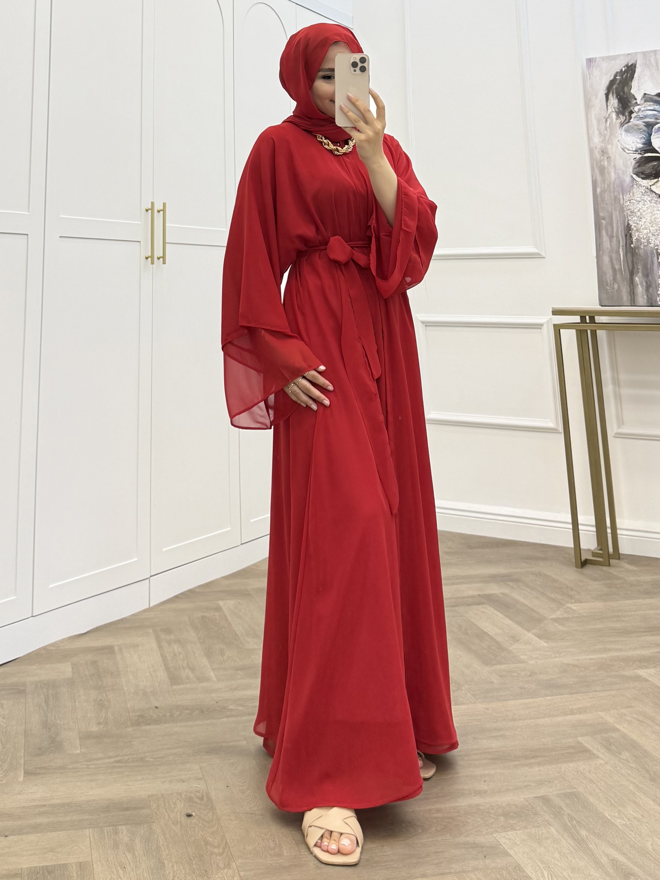 ŞAL DAHİL ŞİFON ABAYA KIRMIZI
