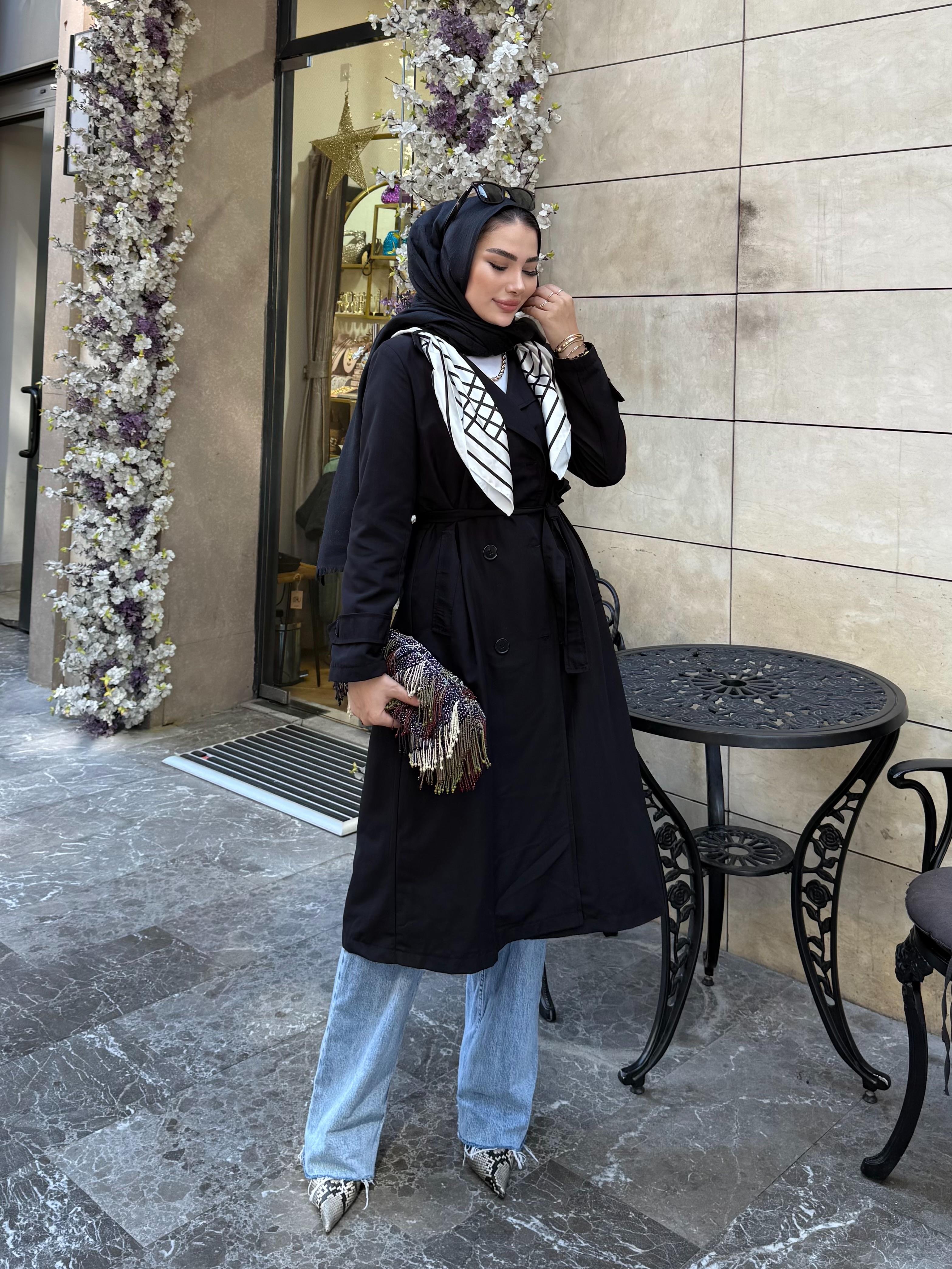 ŞAL DETAYLI TRENÇKOT SİYAH