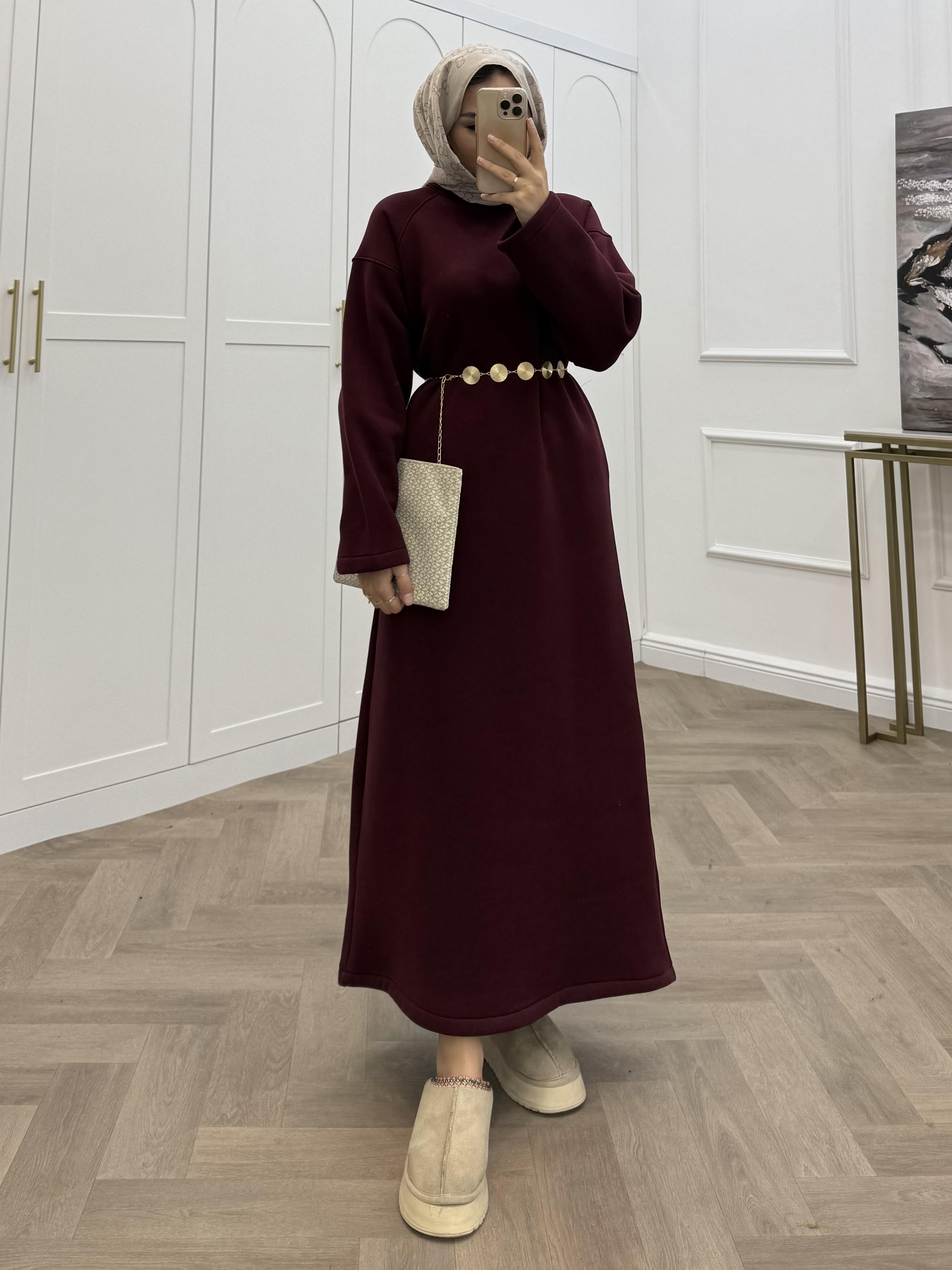 ŞARDONLU KEMERLİ ELBİSE BORDO