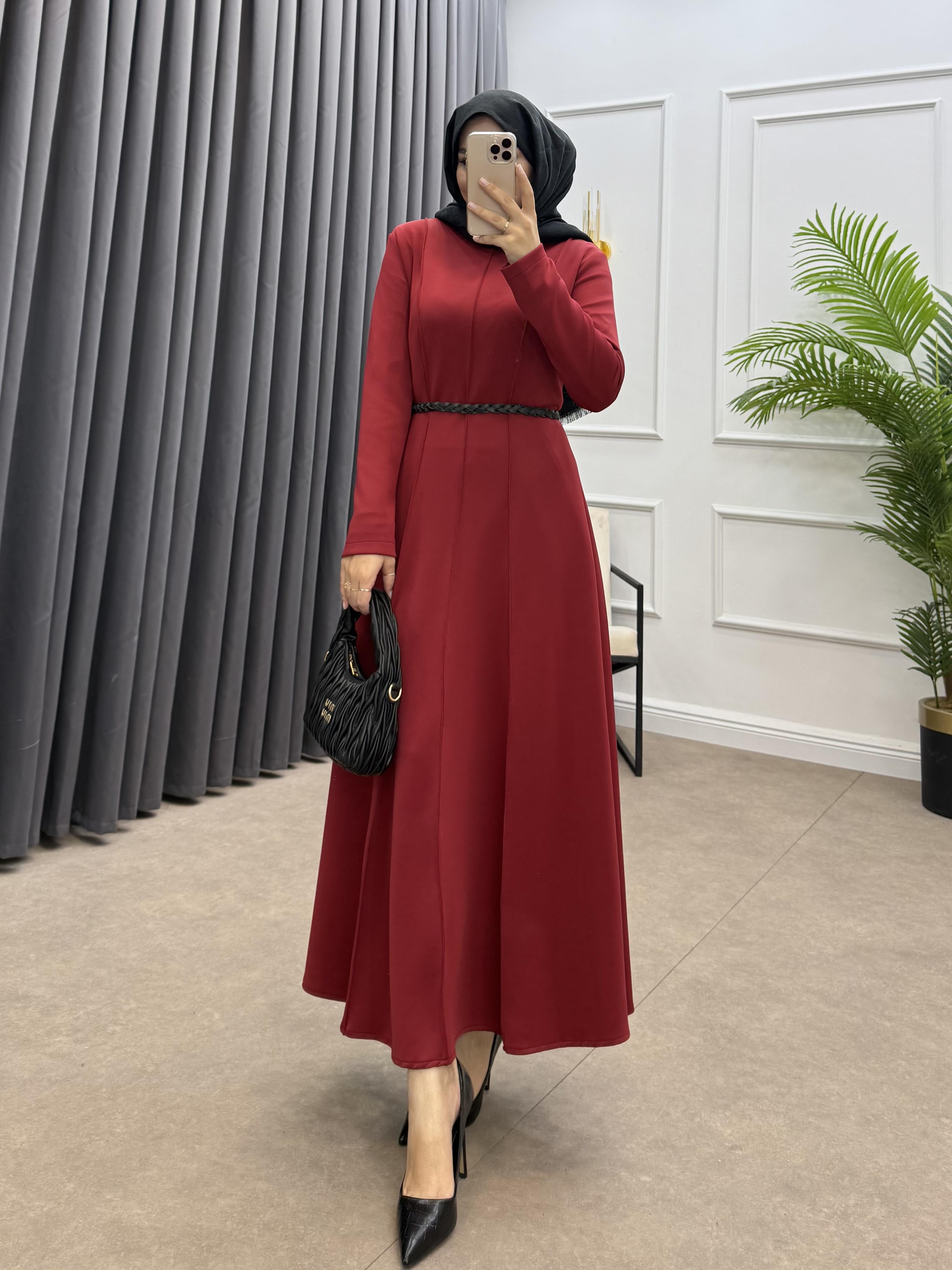 SCUBA ÖRGÜ KEMERLİ ELBİSE BORDO