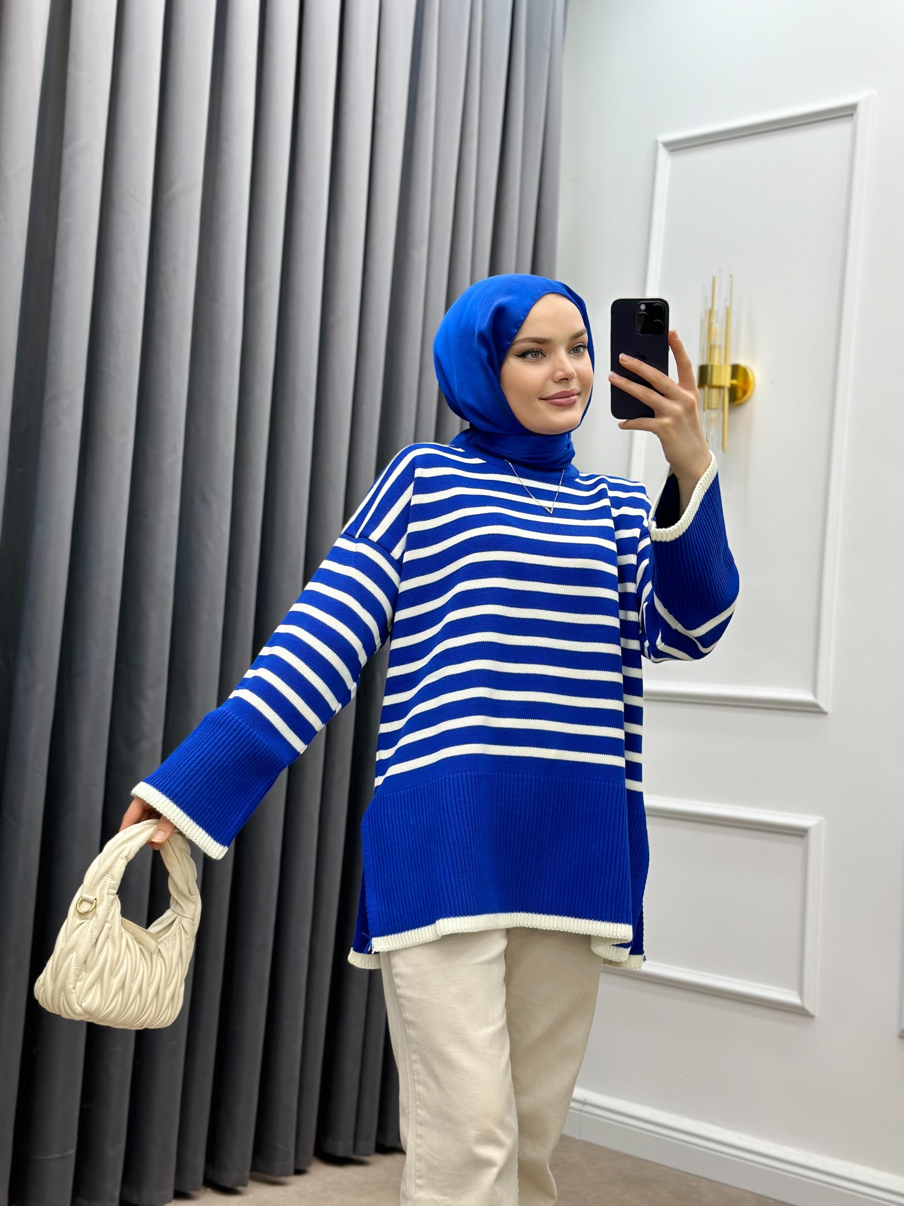 ŞERİT GEÇİŞLİ TRİKO KAZAK SAKS