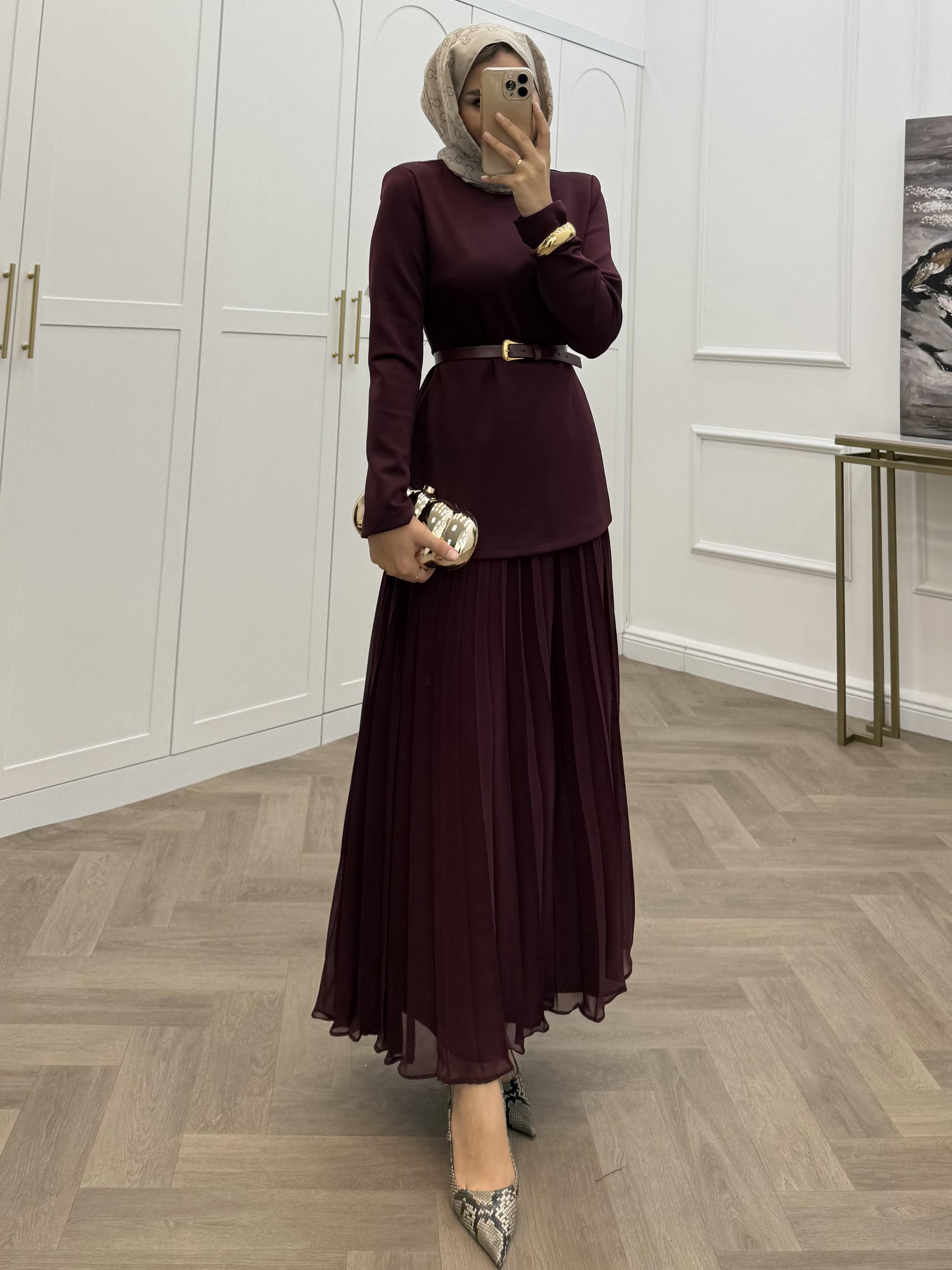 ŞİFON ETEKLİ SCUBA ELBİSE BORDO
