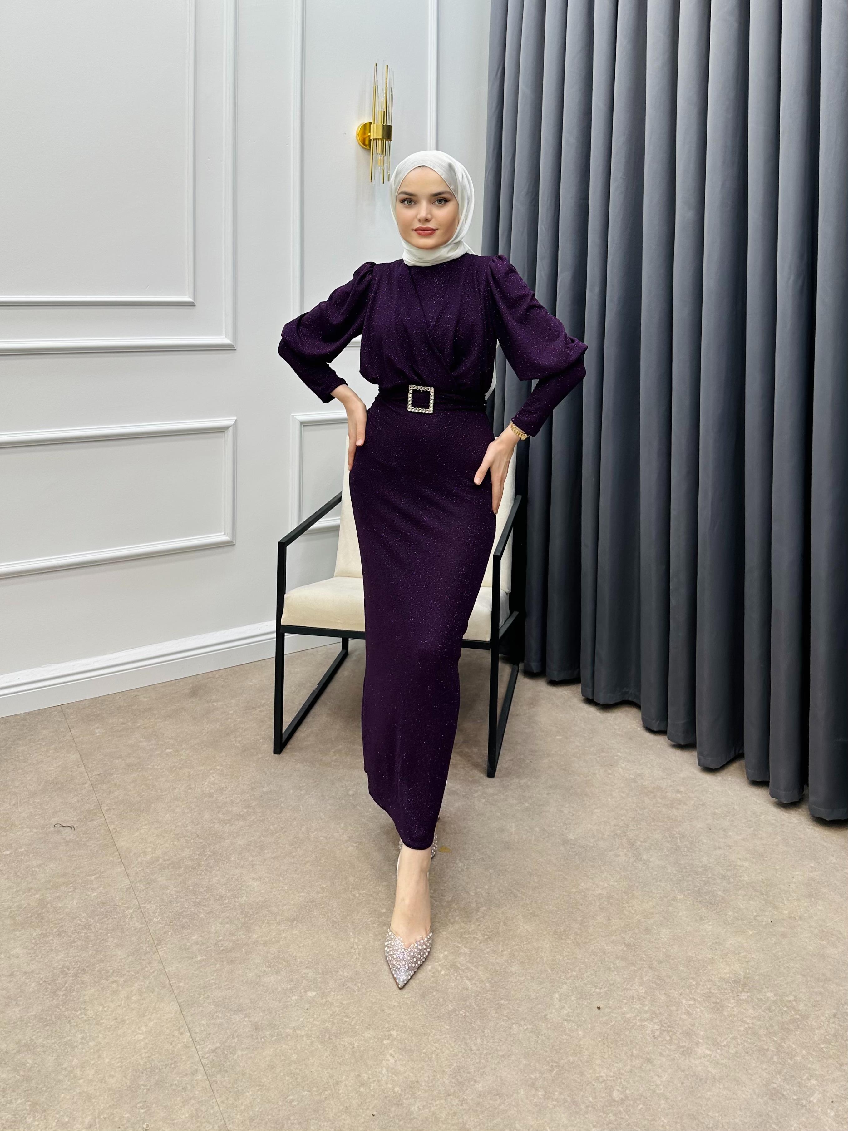 SİMLİ KALEM ELBİSE MOR