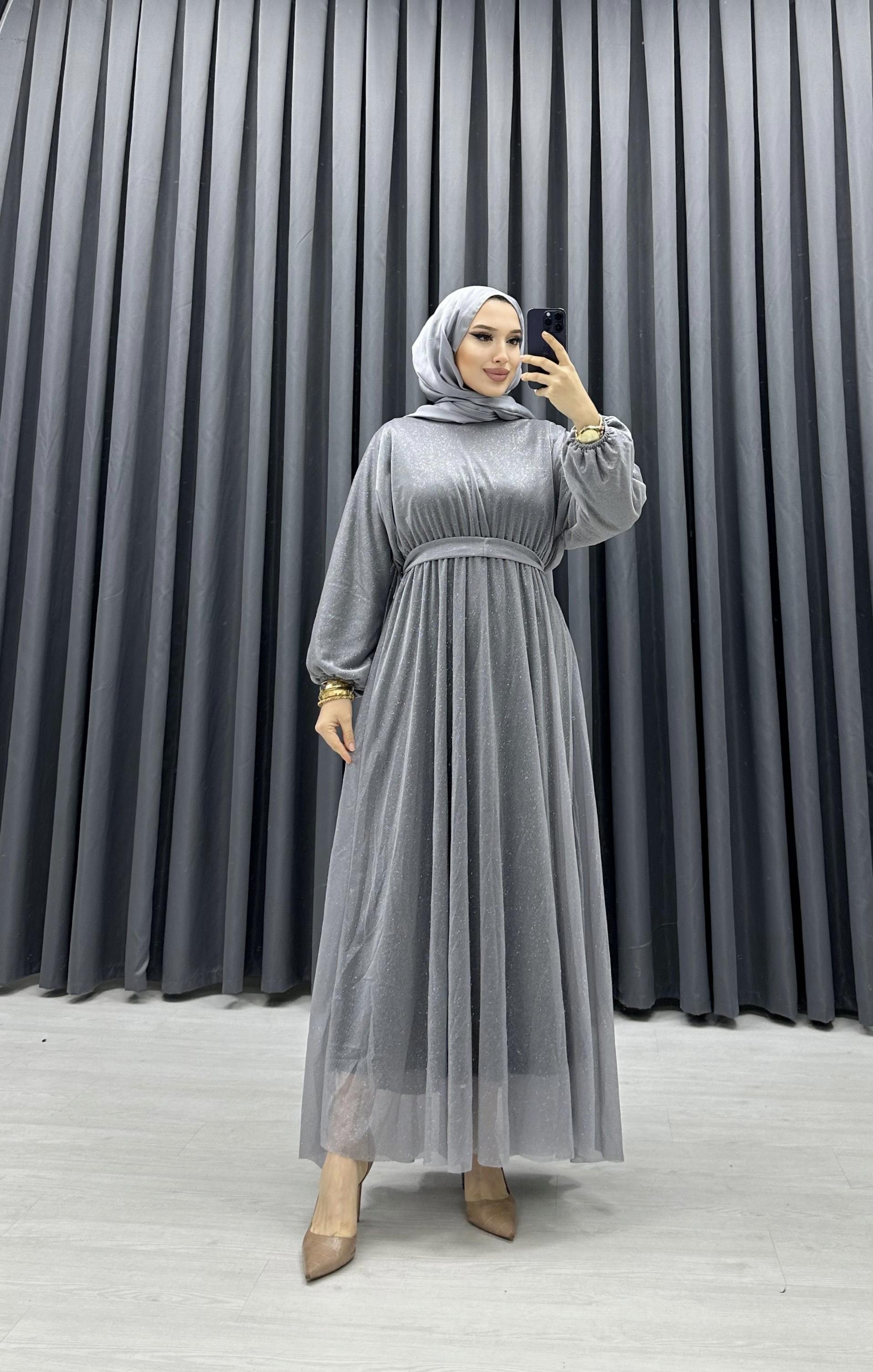 SİMLİ TÜL ELBİSE GRİ