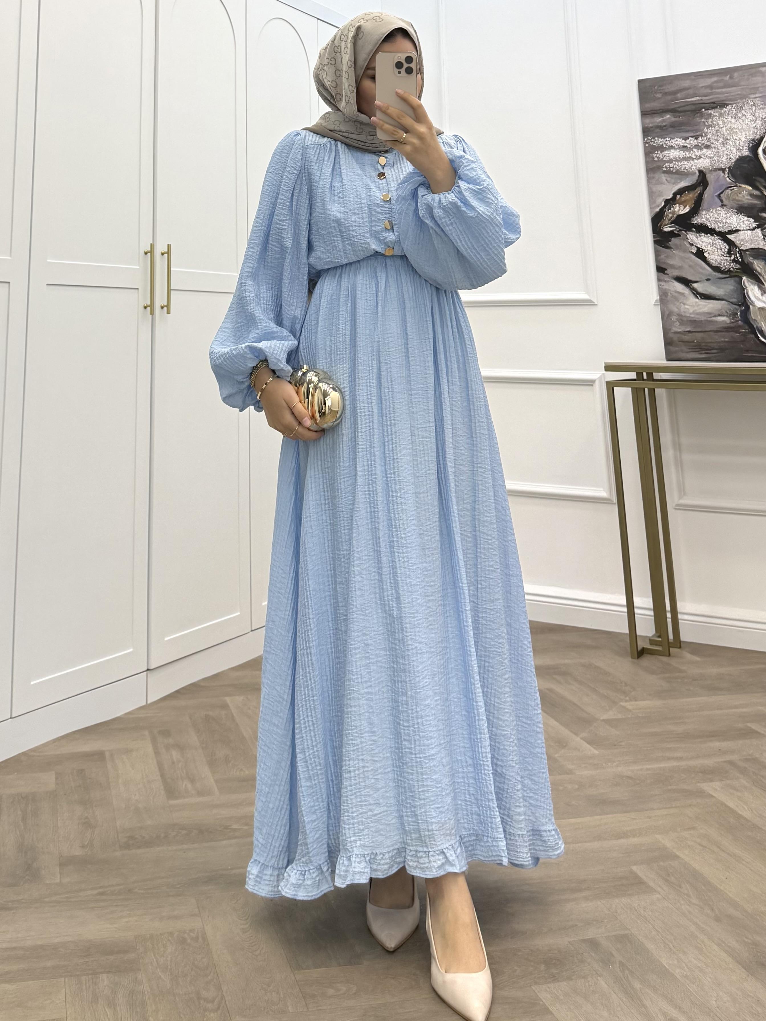 SOLİ GOLD DÜĞMELİ ELBİSE BEBE MAVİSİ