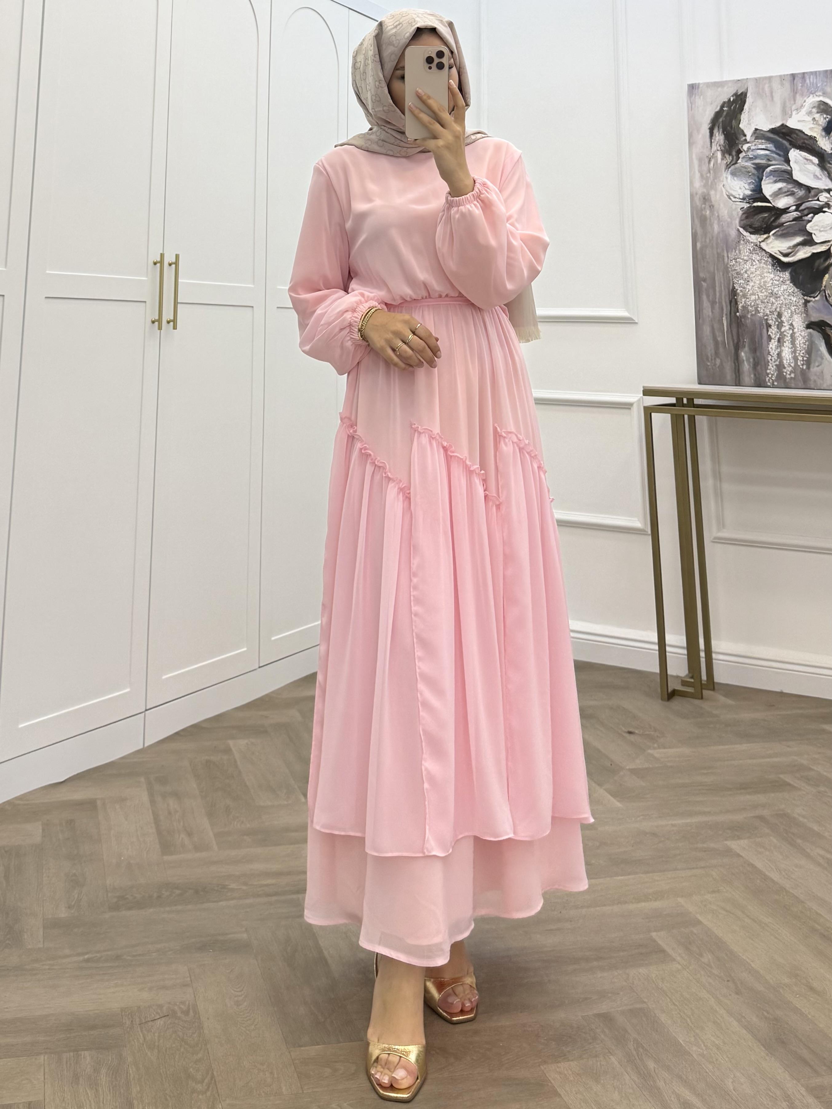 SUDE ŞİFON ELBİSE PEMBE