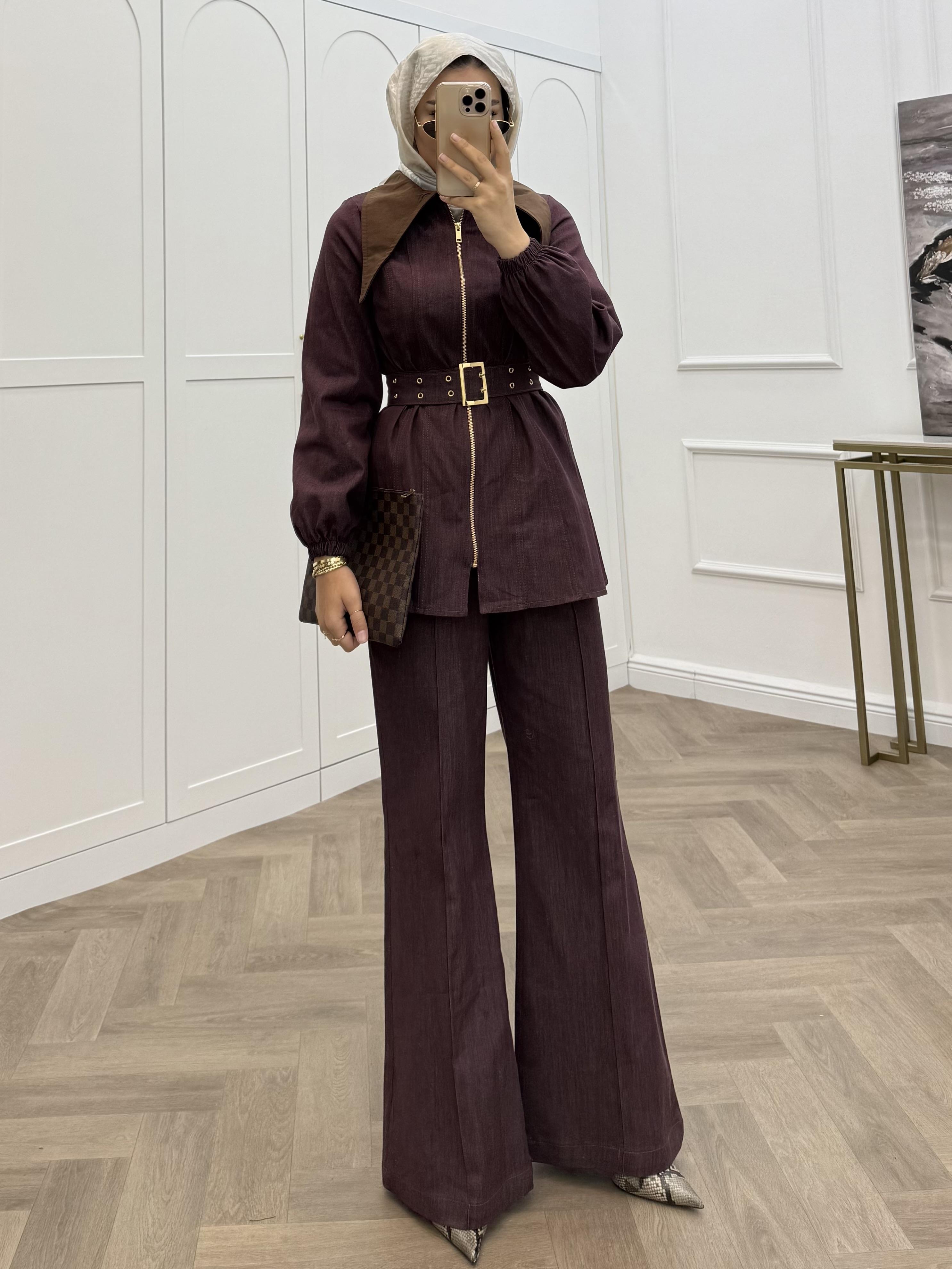 SÜET YAKA DENİM TAKIM BORDO