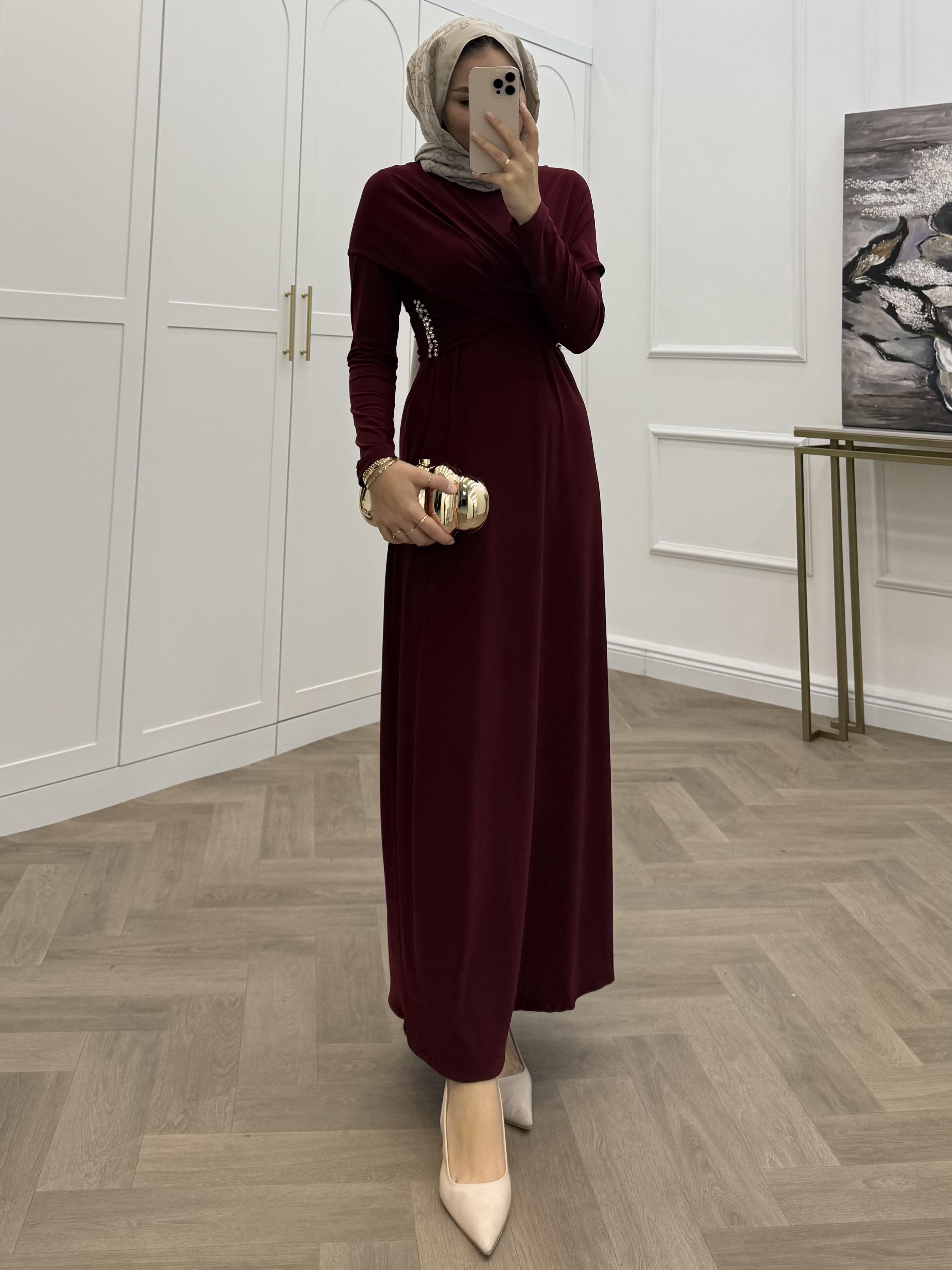 TASARIM TAŞLI SANDY ELBİSE  BORDO