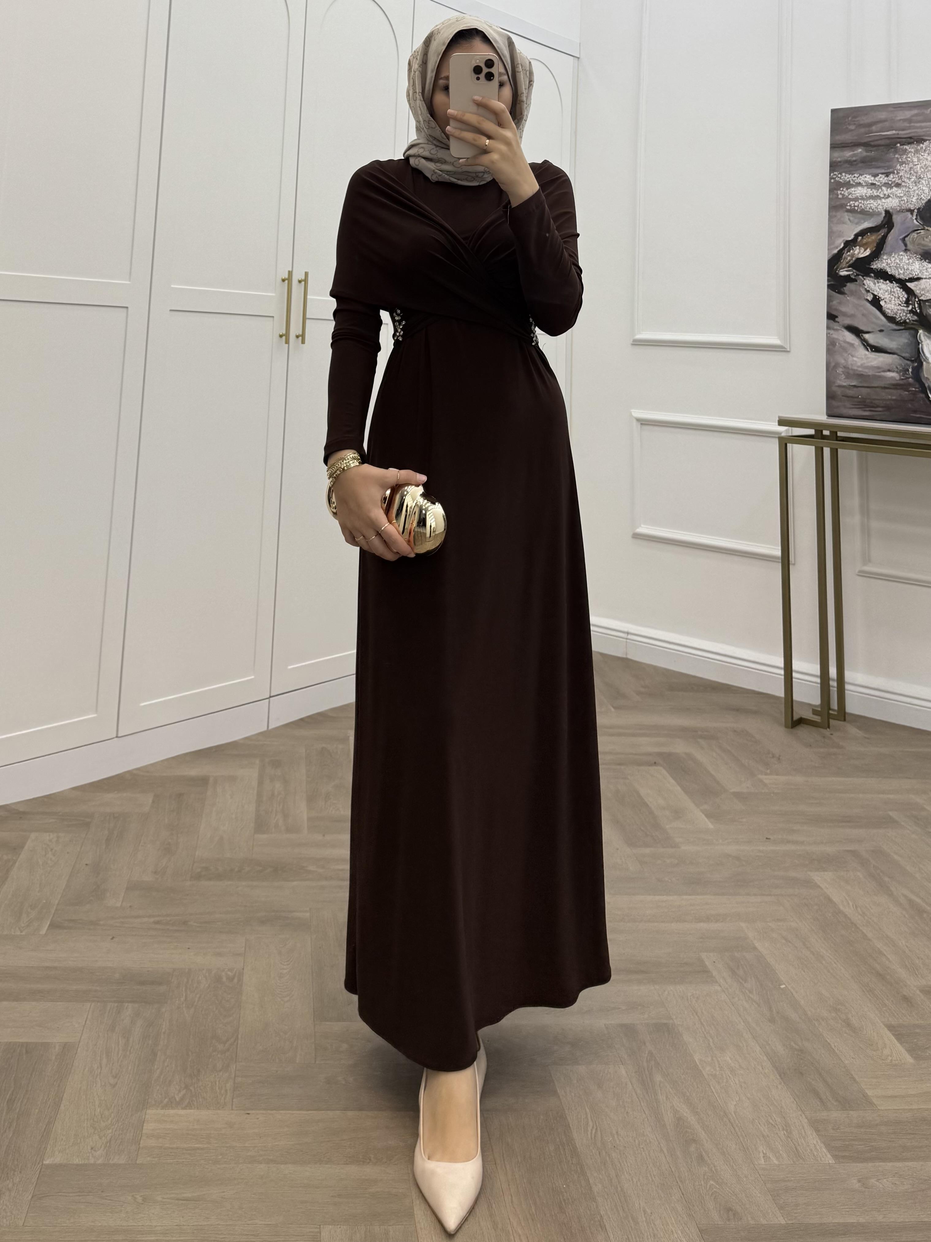 TASARIM TAŞLI SANDY ELBİSE  KAHVE