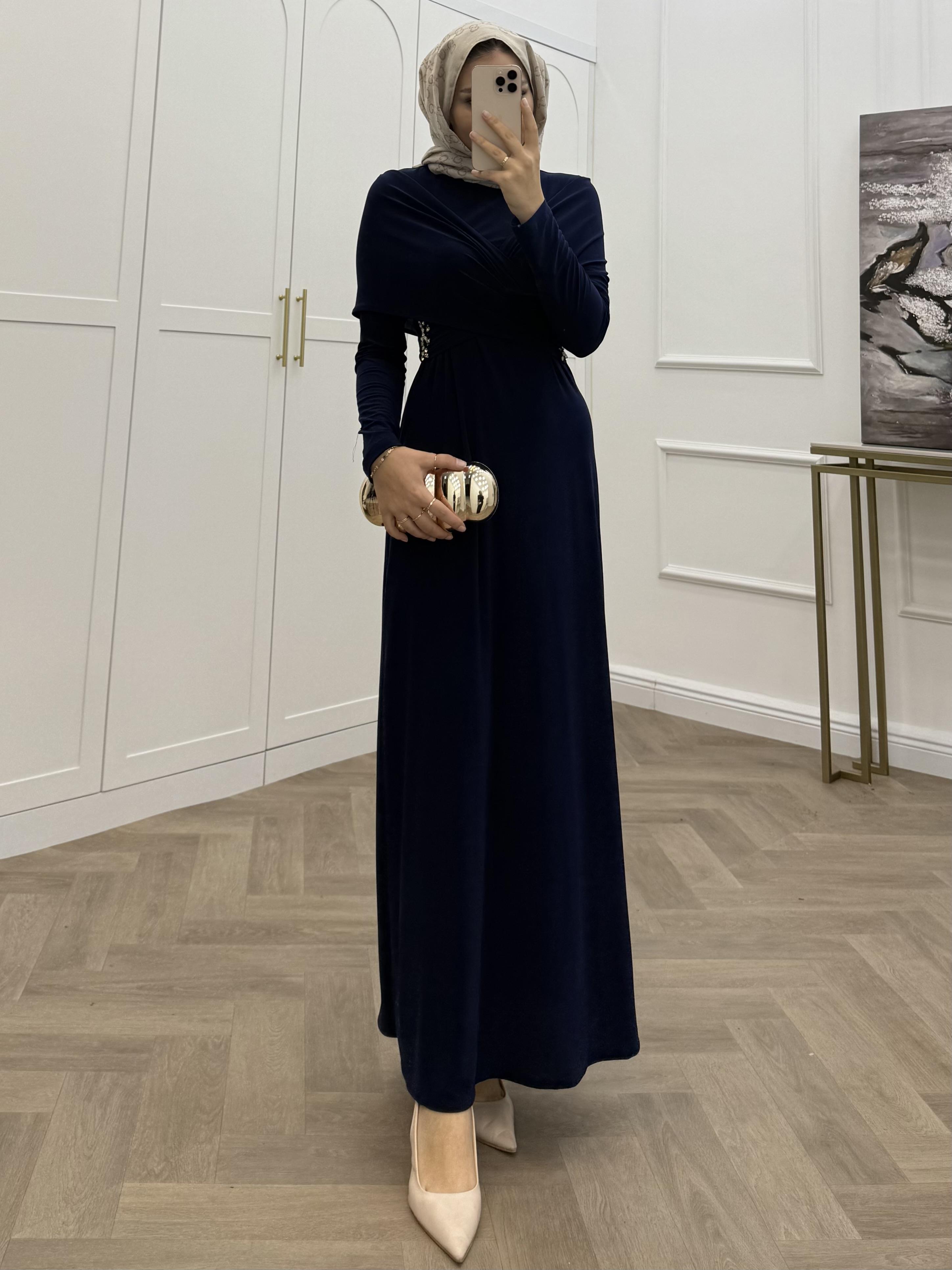 TASARIM TAŞLI SANDY ELBİSE  LACİVERT 