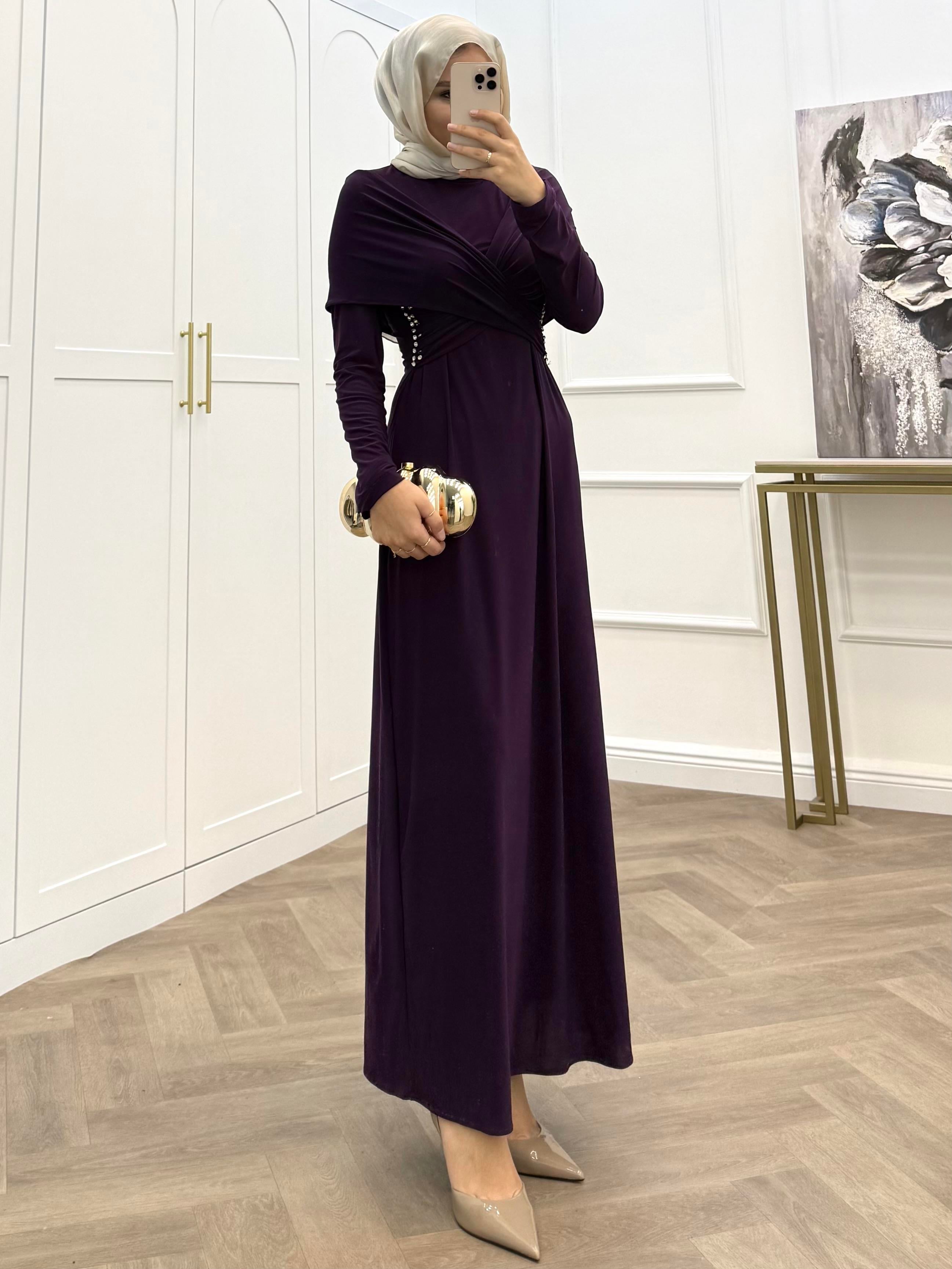 TASARIM TAŞLI SANDY ELBİSE  MOR 