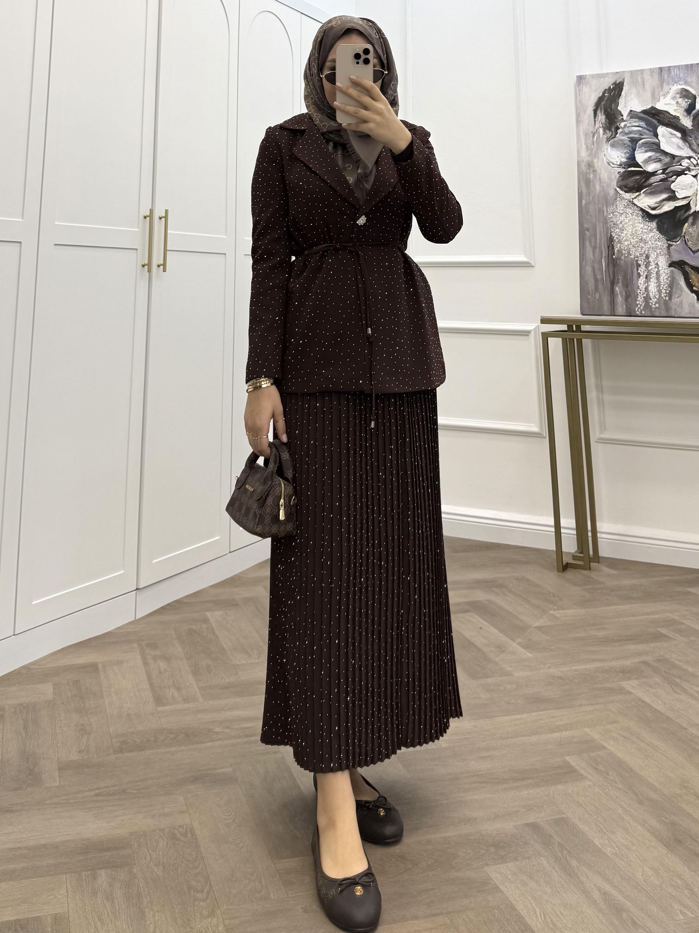TAŞLI BLAZER CEKETLİ ETEKLİ TAKIM KAHVE