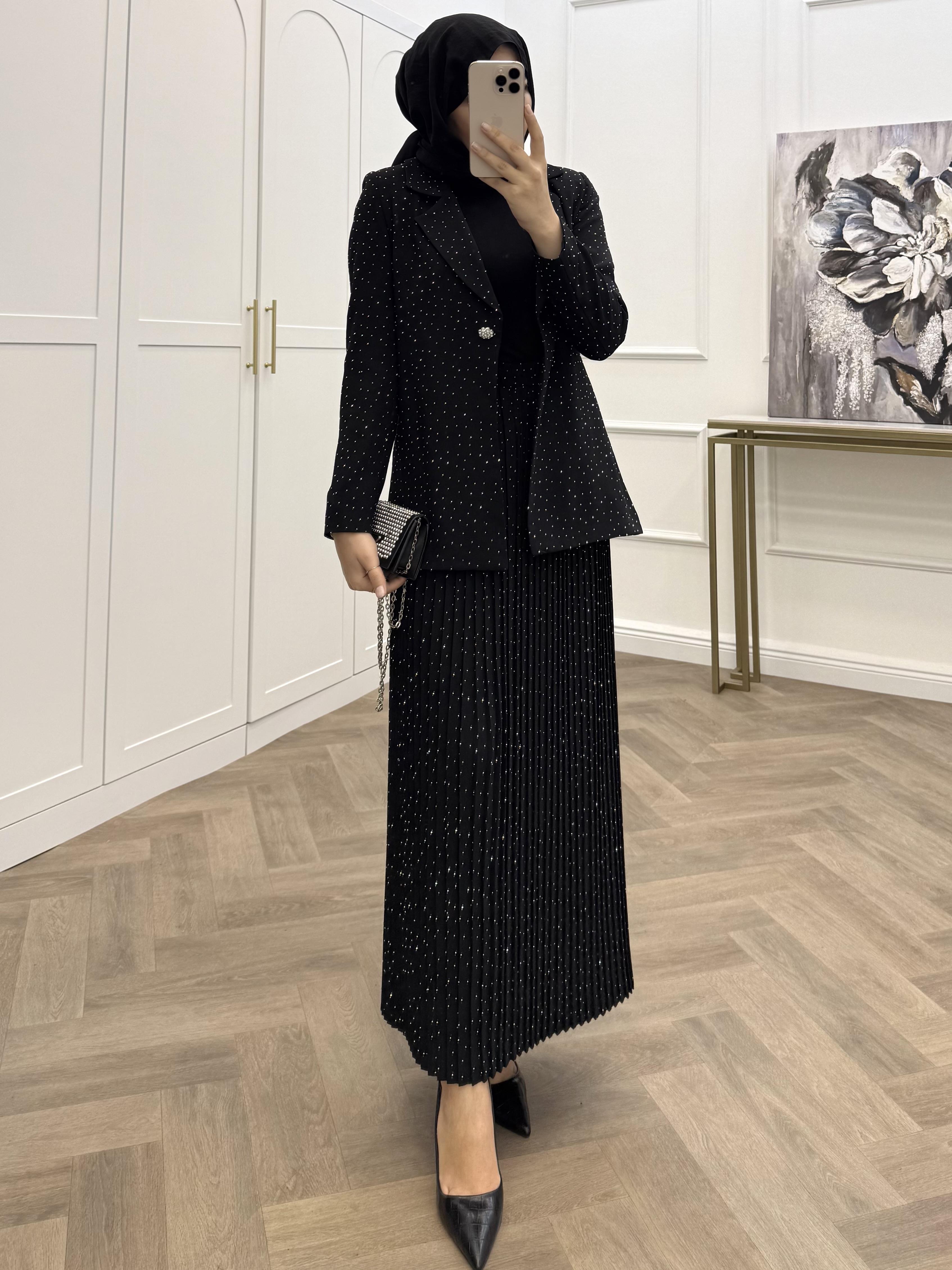 TAŞLI BLAZER CEKETLİ ETEKLİ TAKIM SİYAH