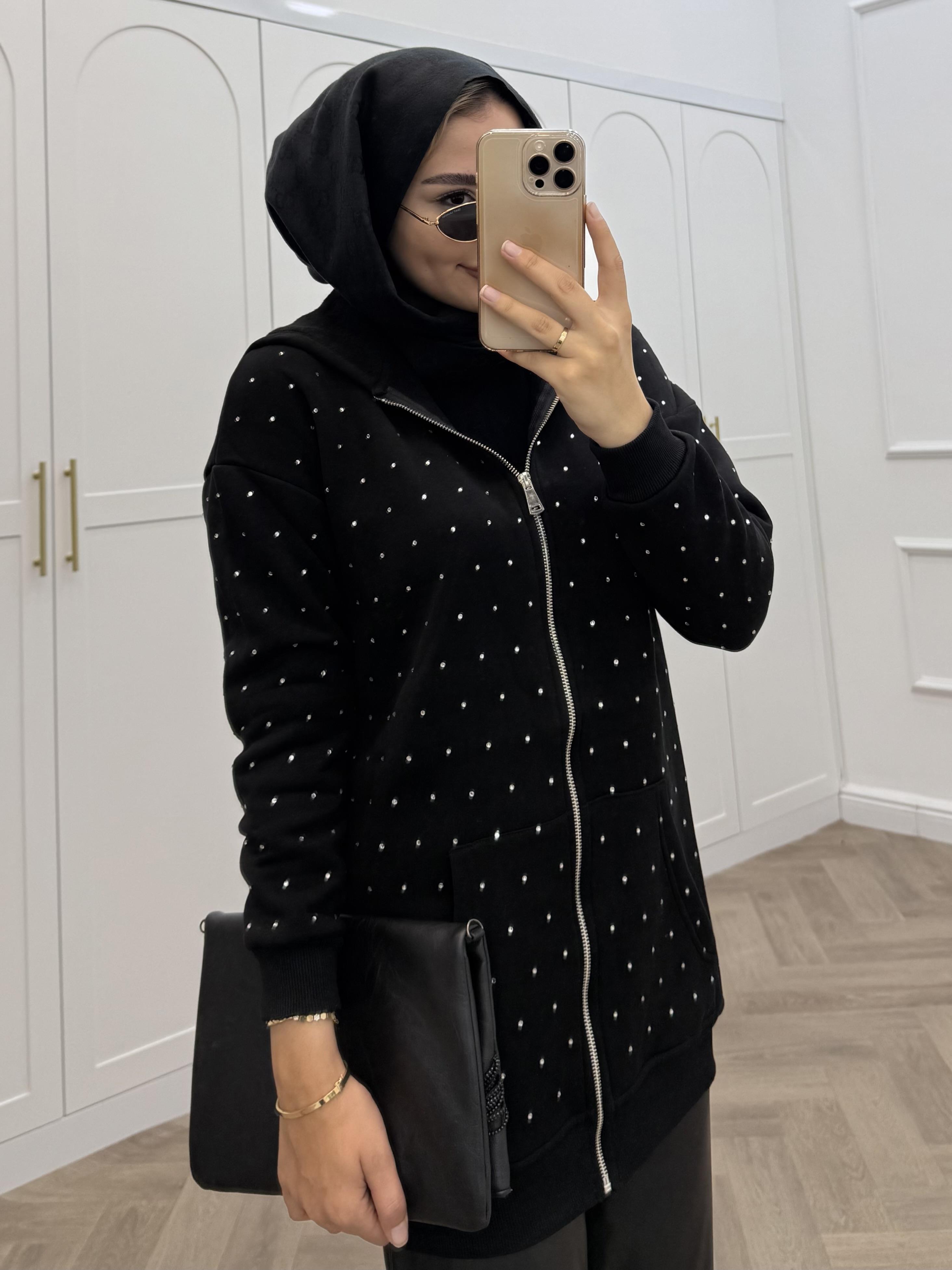 TAŞLI FERMUARLI SWEAT SİYAH