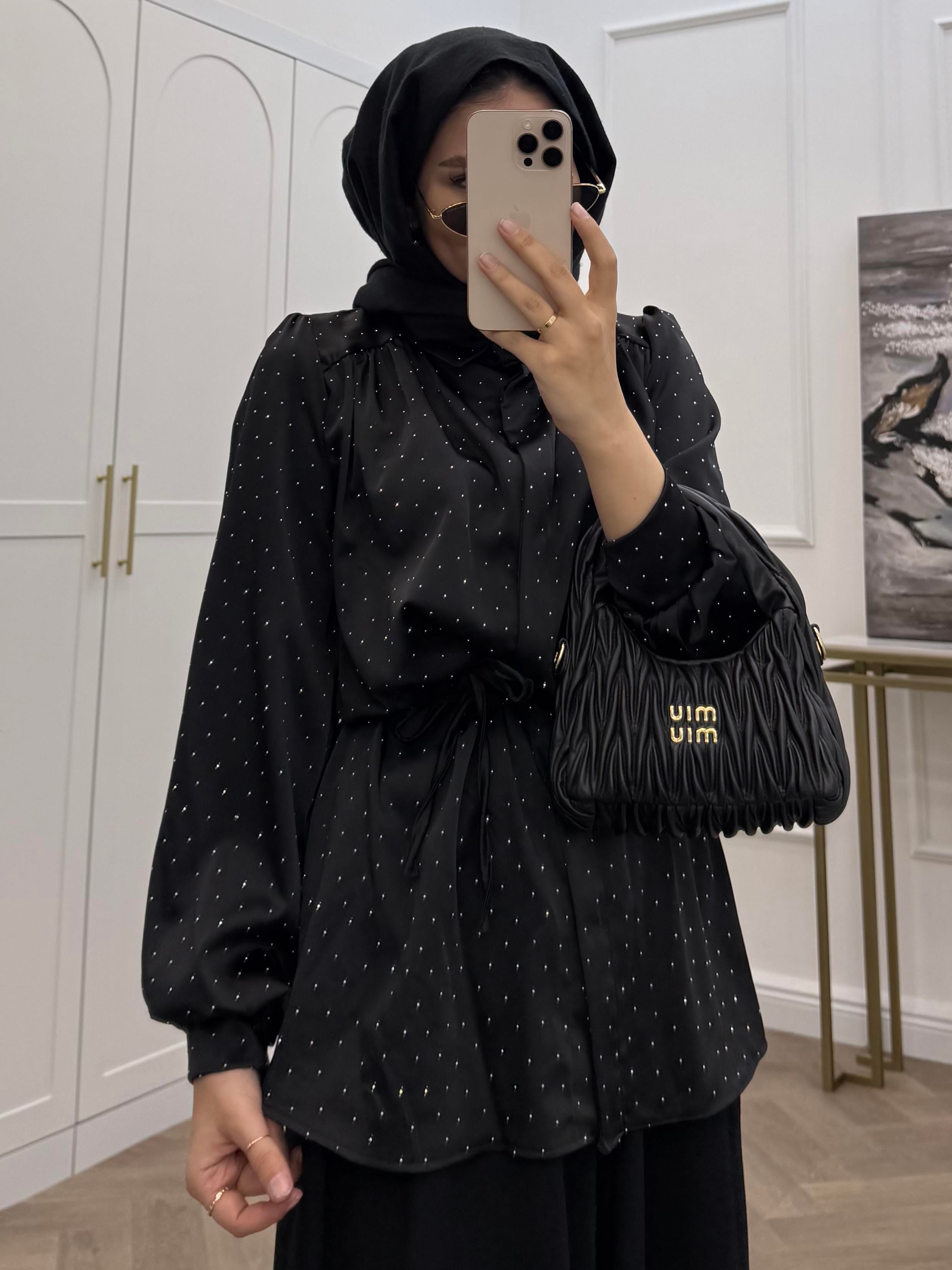 TAŞLI SATEN GÖMLEK SİYAH