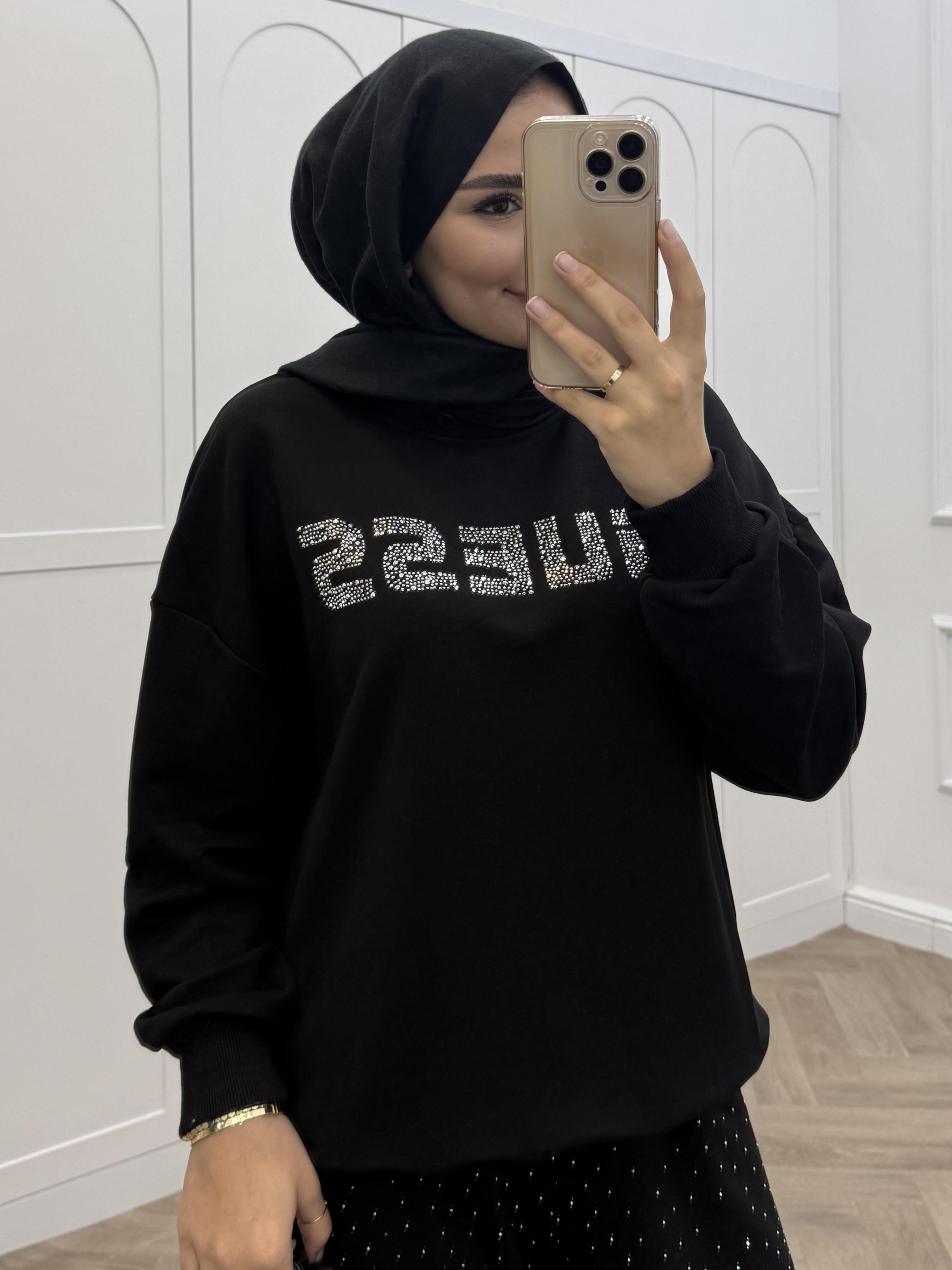 TAŞLI YAZILI SWEAT SİYAH