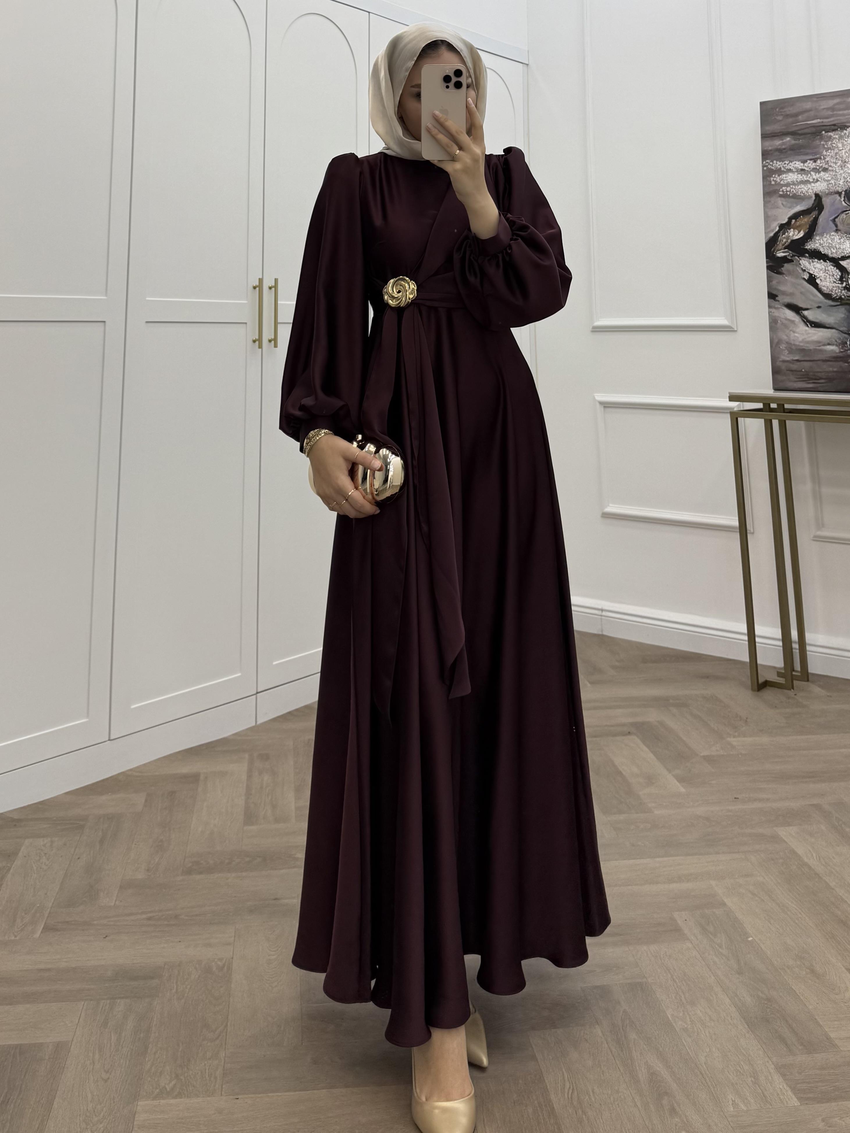 TOKALI SATEN ELBİSE BORDO