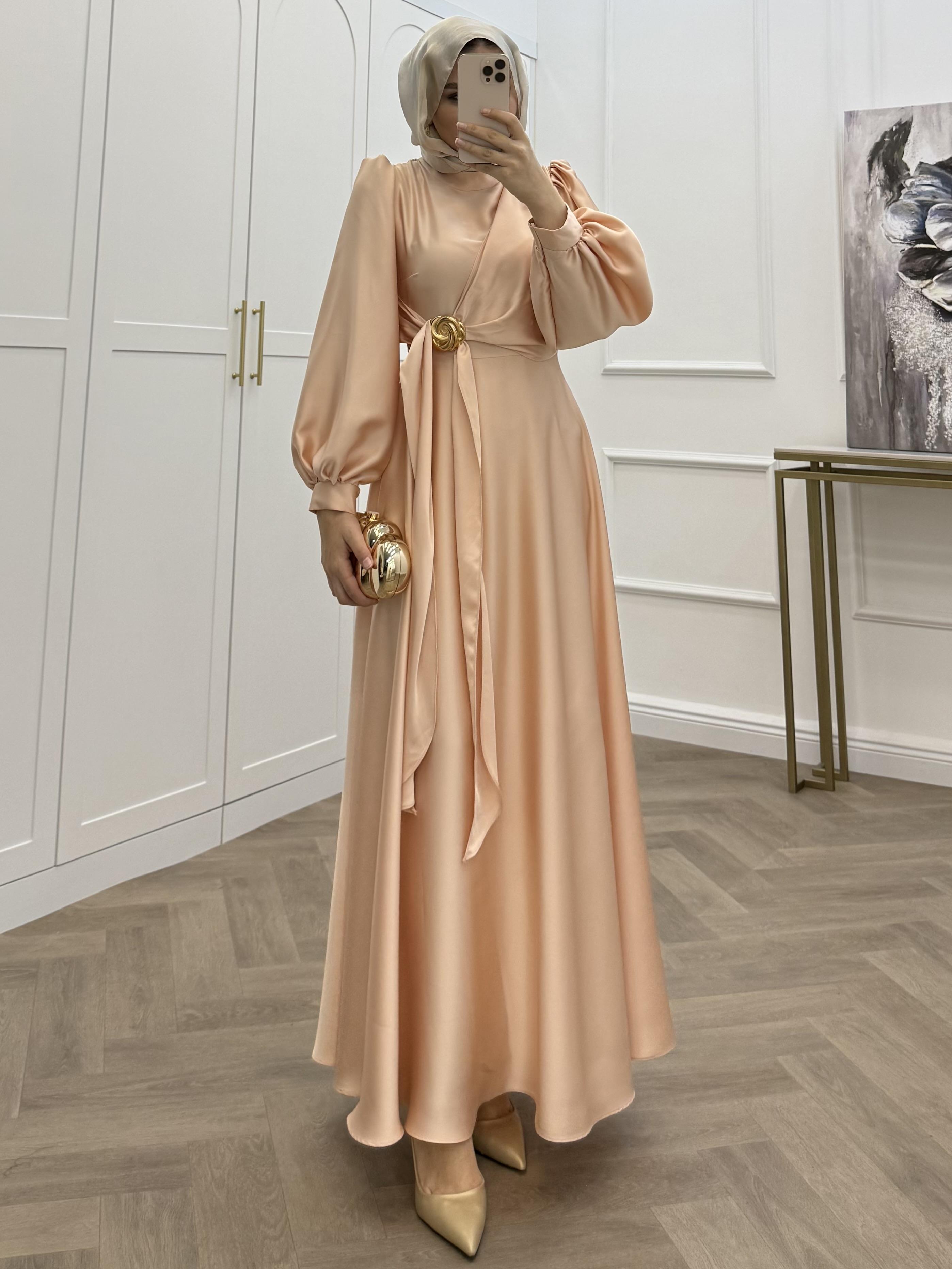 TOKALI SATEN ELBİSE PUDRA