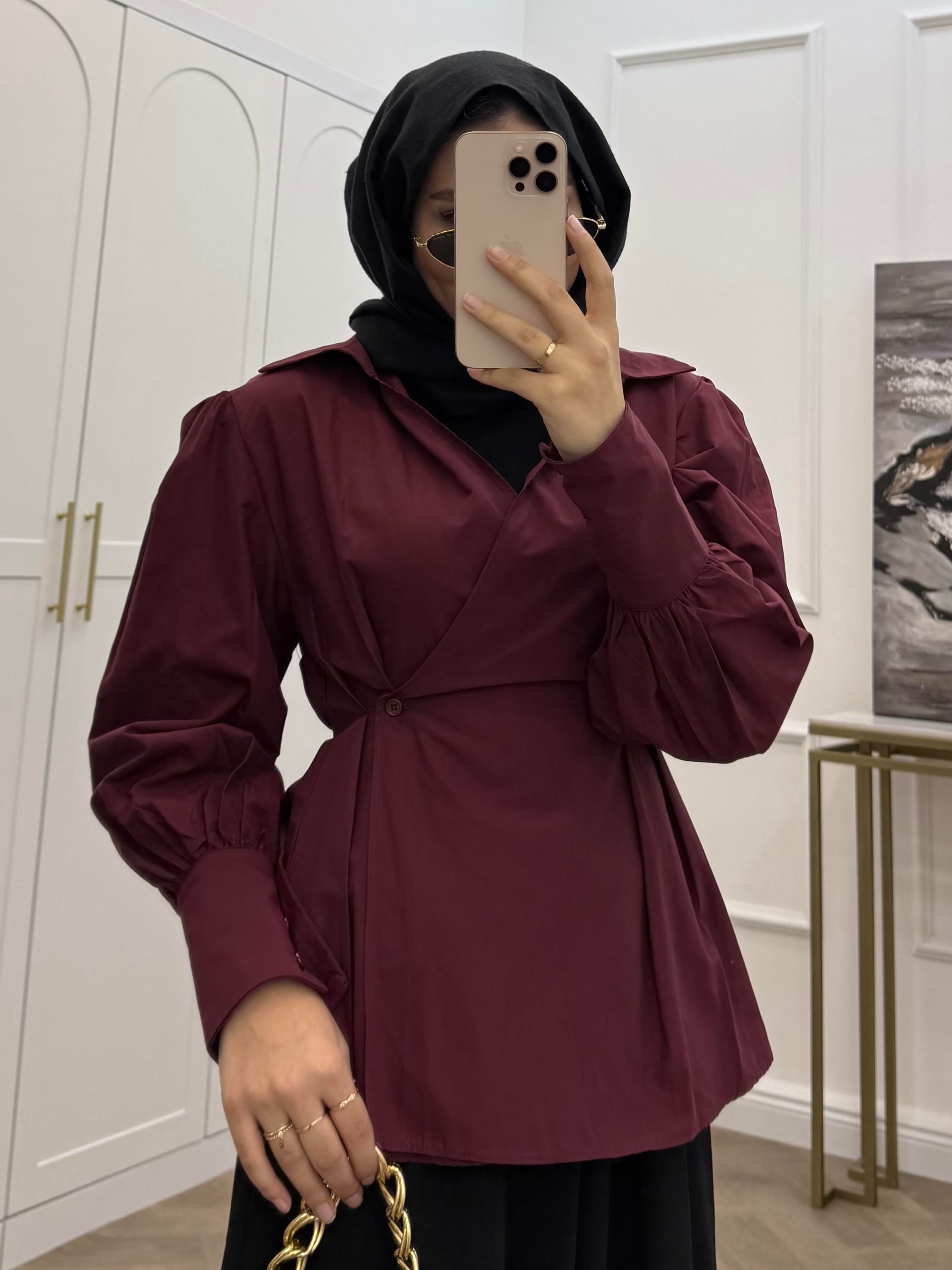 V YAKA ÖNDEN DÜĞMELİ POPLİN GÖMLEK BORDO