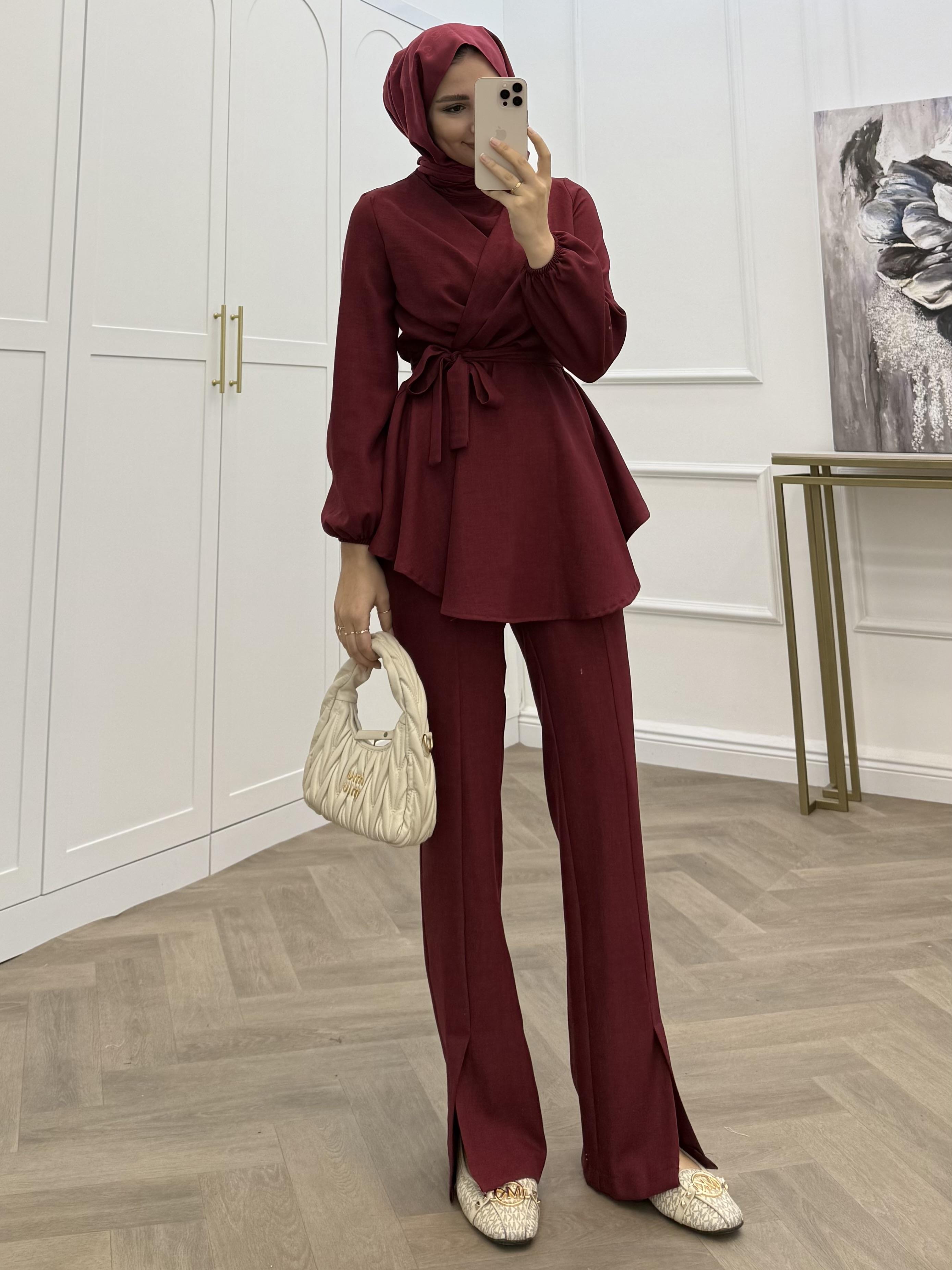 VERA BELİ LASTİKLİ PANTOLONLU TAKIM BORDO