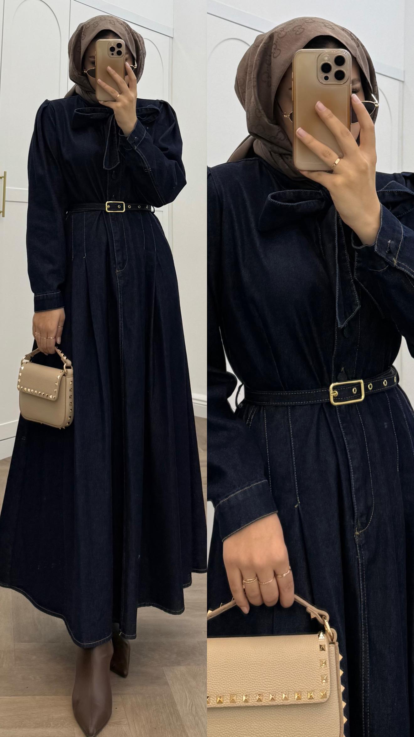 YAKA BAĞCIKLI DENİM ELBİSE LACİVERT