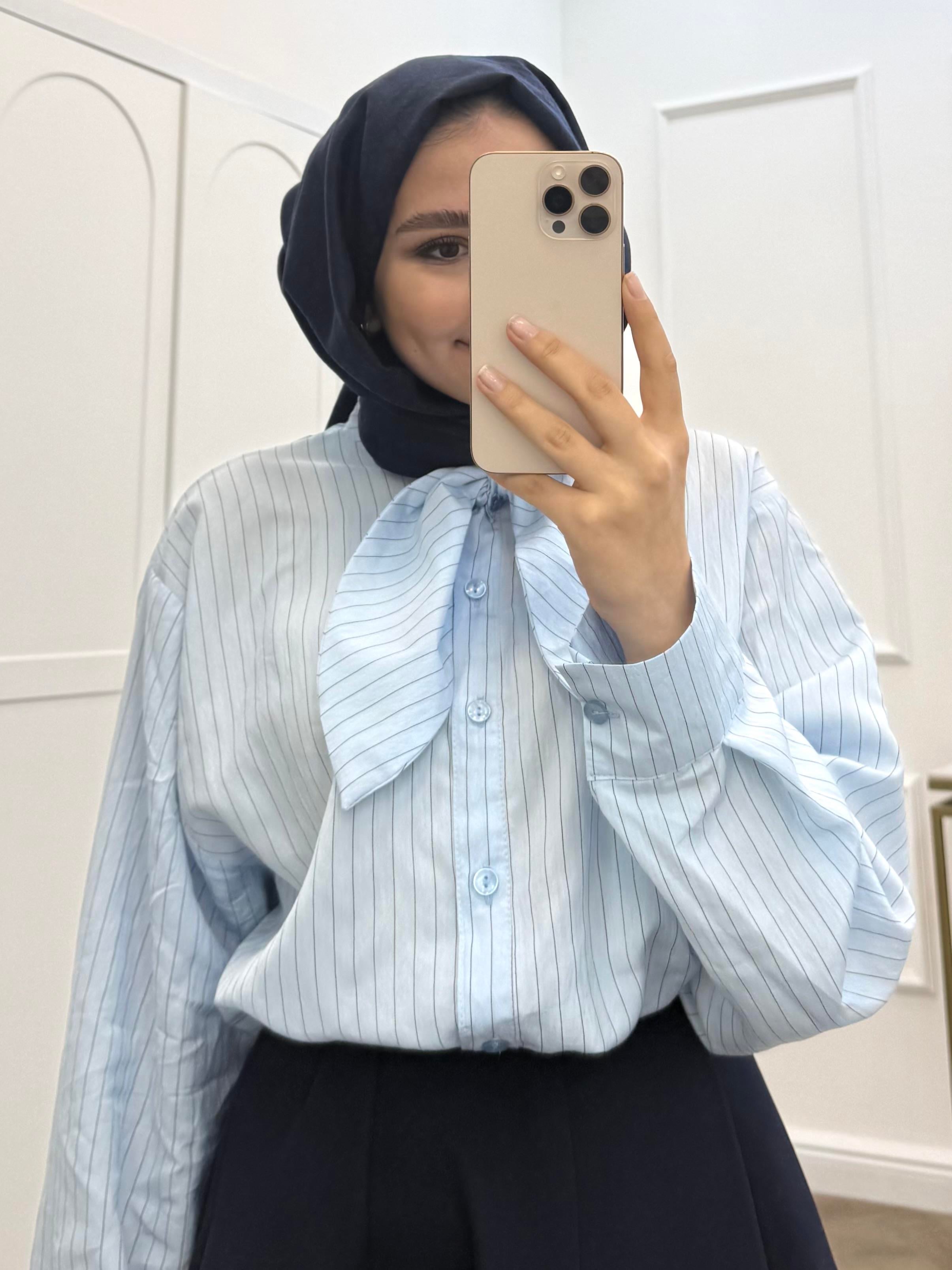 YAKA BAĞLAMA DETAYLI ÇİZGİLİ GÖMLEK BEBE MAVİSİ