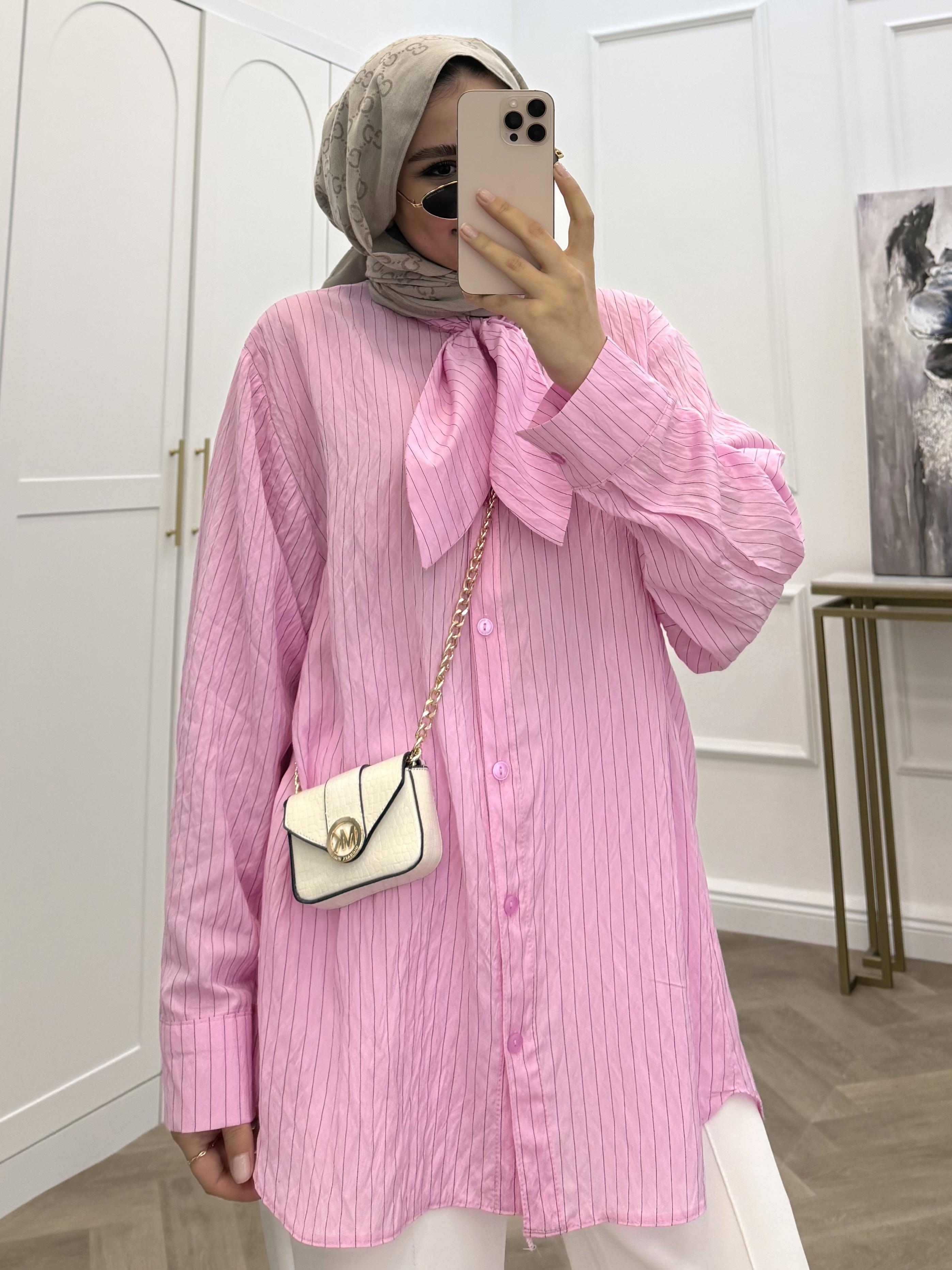 YAKA BAĞLAMA DETAYLI ÇİZGİLİ GÖMLEK PEMBE