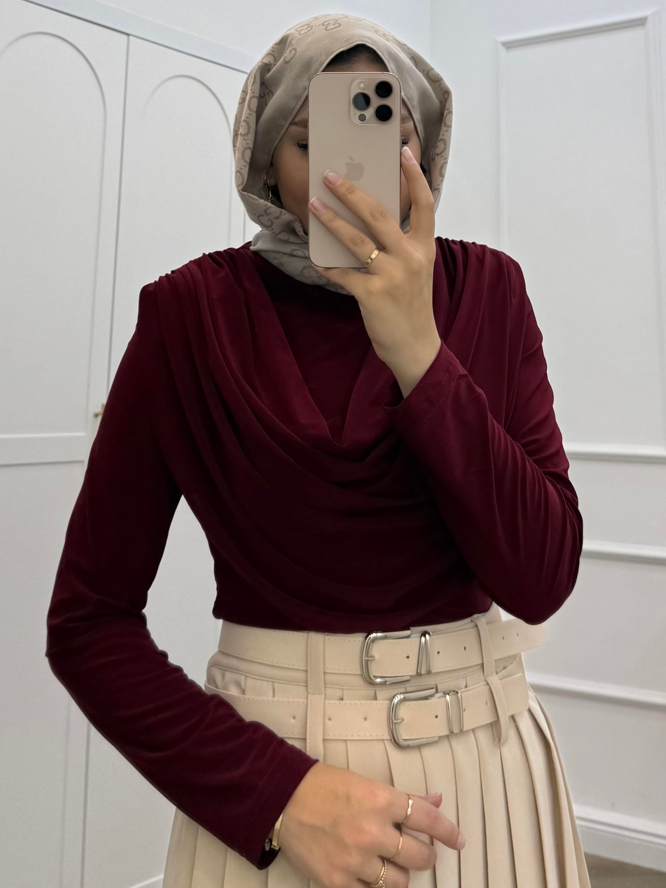 YAKASI DÖKÜMLÜ SANDY BLUZ BORDO