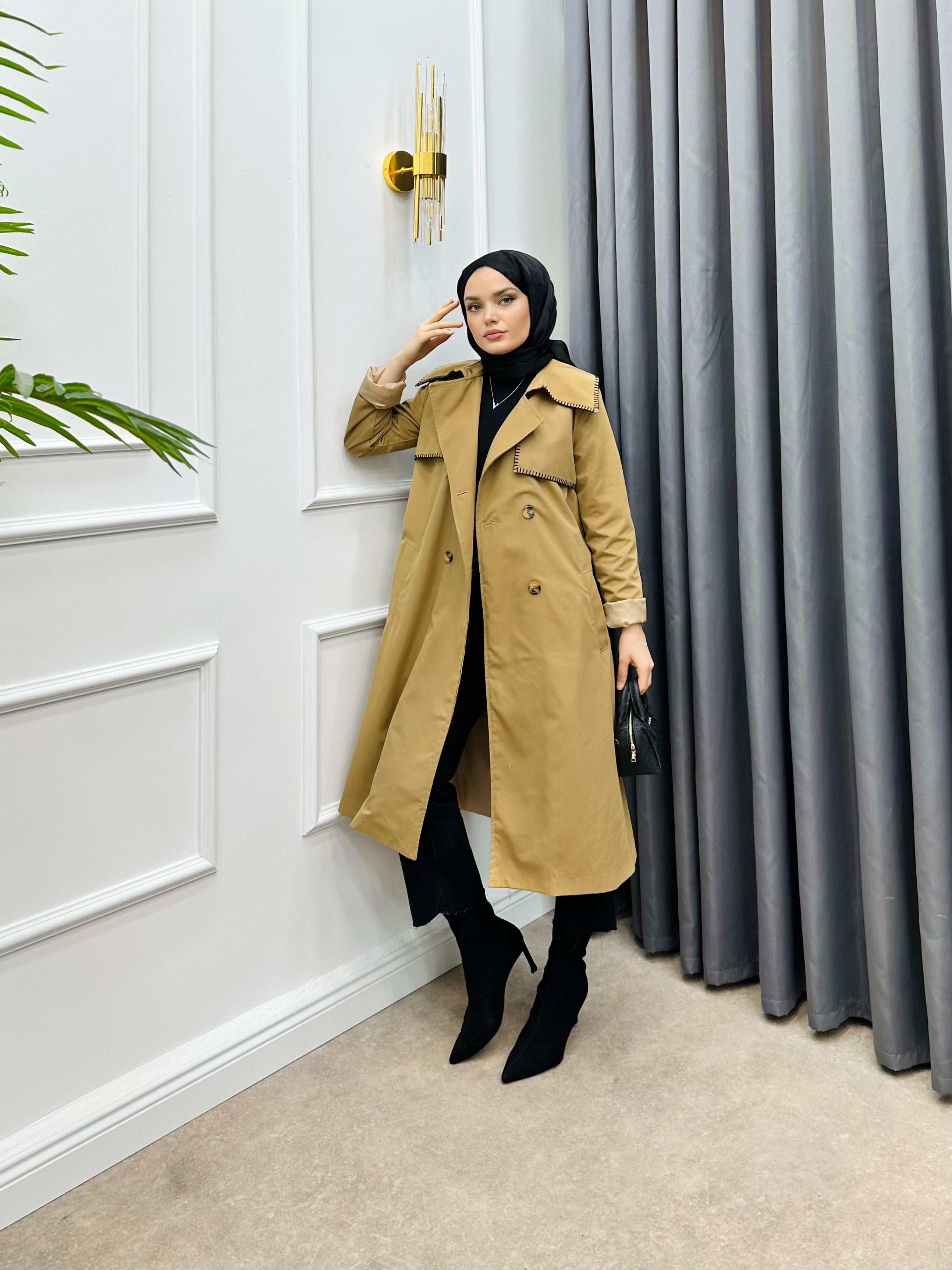 YAKASI İP DETAYLI DÖRT DÜĞMELİ TRENÇKOT CAMEL