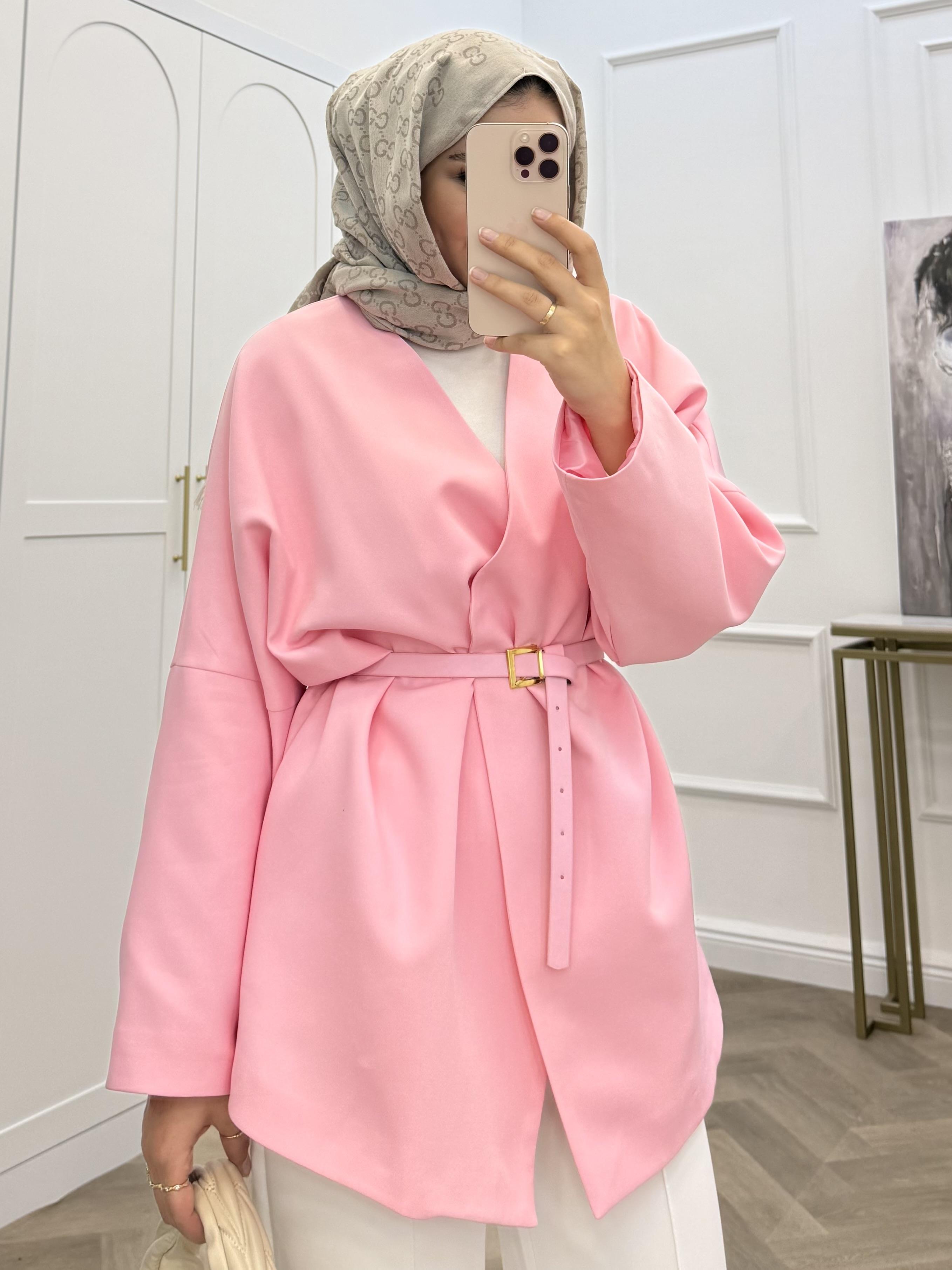 YAKASIZ KEMER DETAY CEKET PEMBE