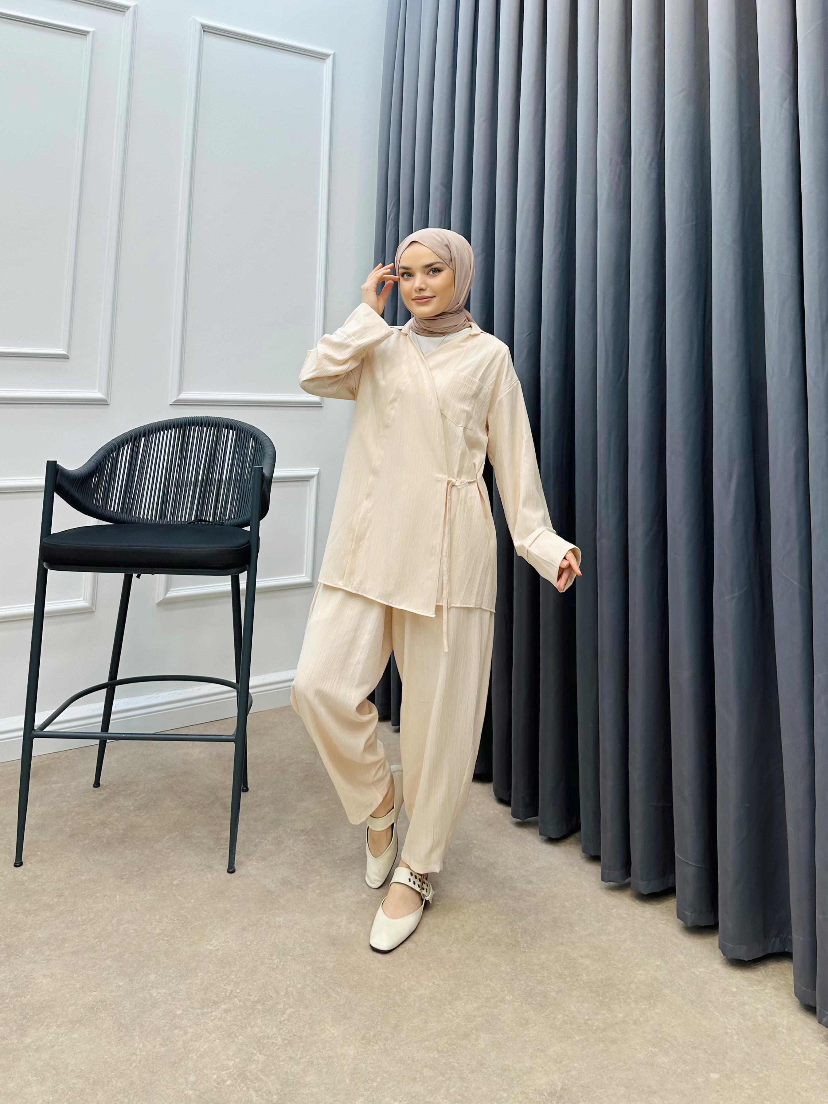 YANDAN BAĞLAMALI İKİLİ TAKIM BEJ