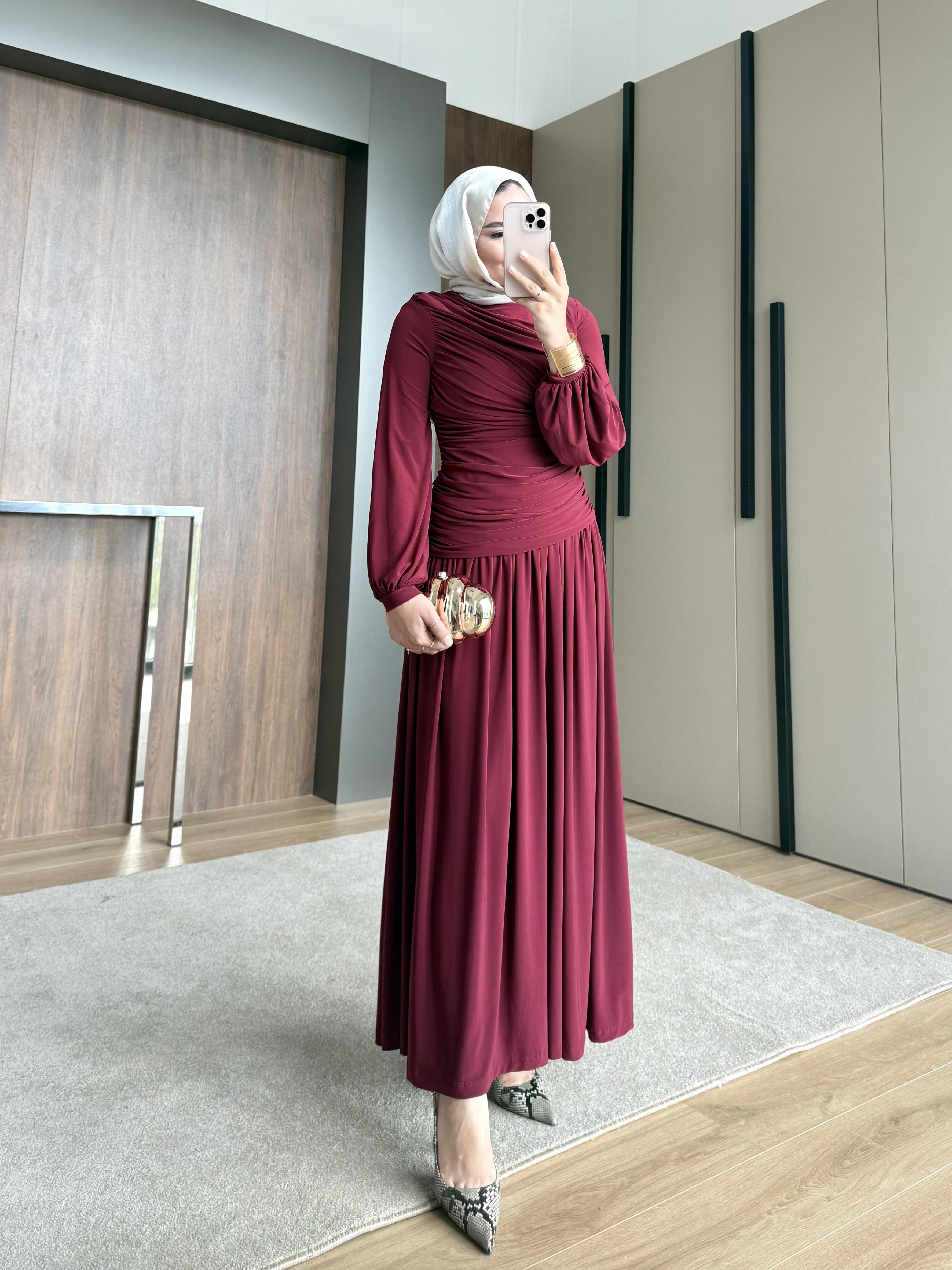 YANDAN BÜZGÜLÜ SANDY ELBİSE BORDO