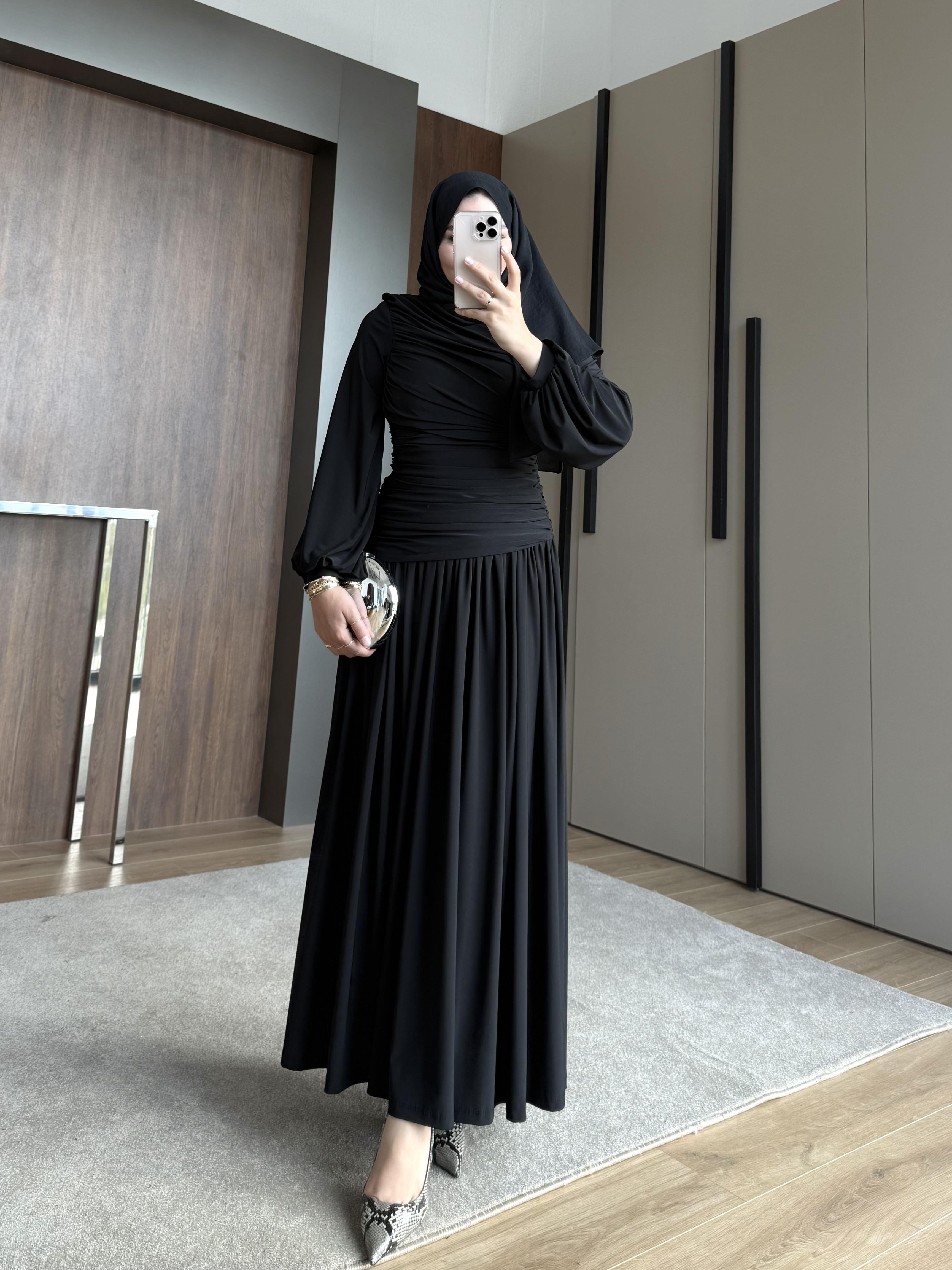 YANDAN BÜZGÜLÜ SANDY ELBİSE SİYAH