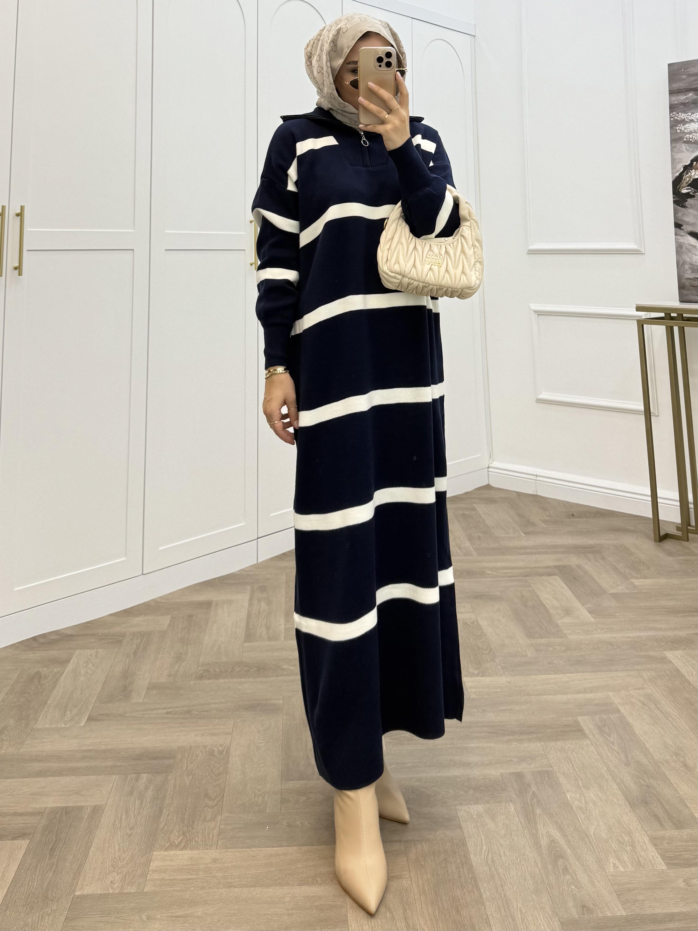 YARIM FERMUARLI ÇİZGİLİ TRİKO ELBİSE LACİVERT