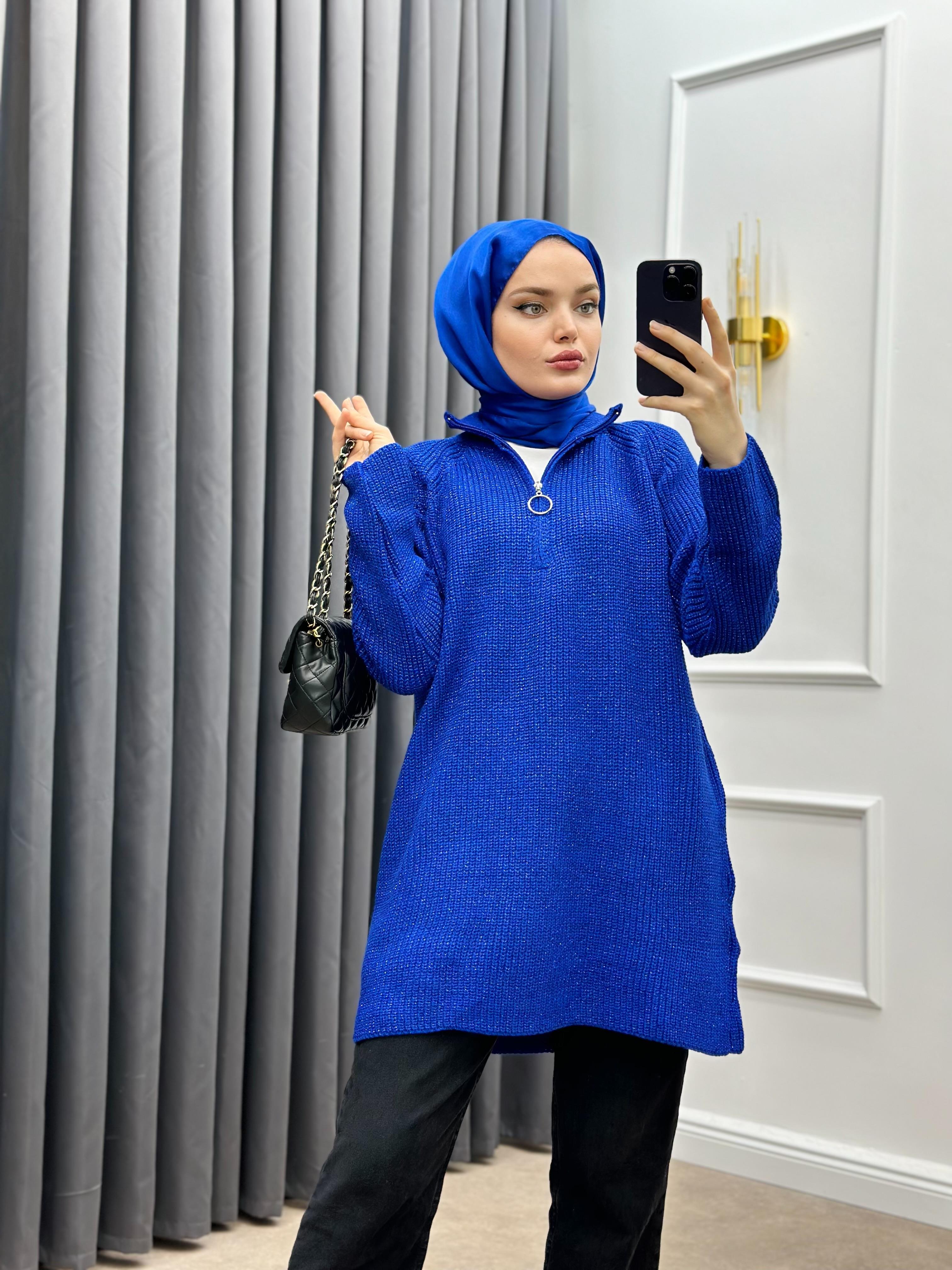 YARIM FERMUARLI SİMLİ KAZAK SAKS